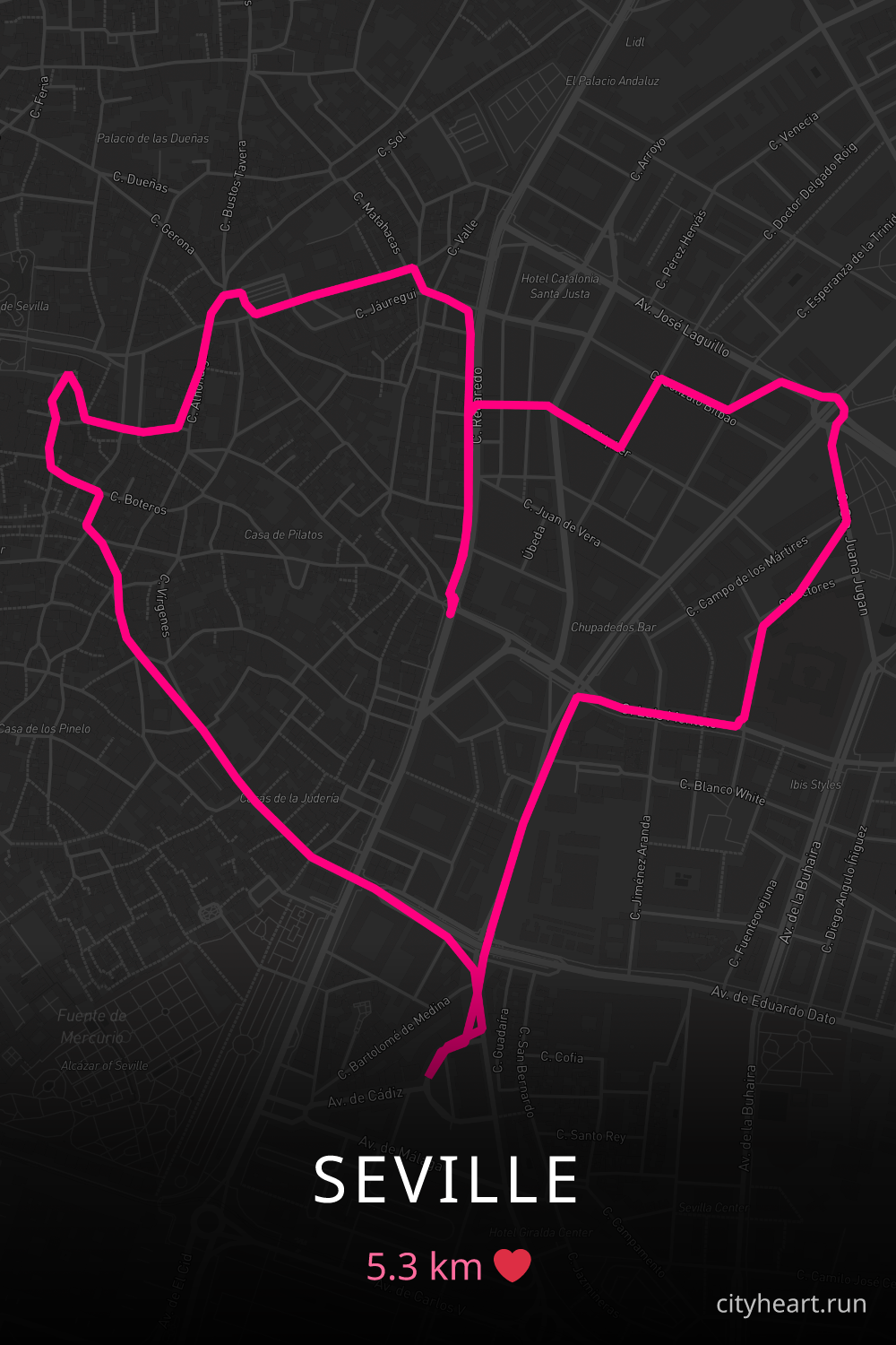 Heart-shaped running route in Seville, 5.3 km — GPS art for Strava
