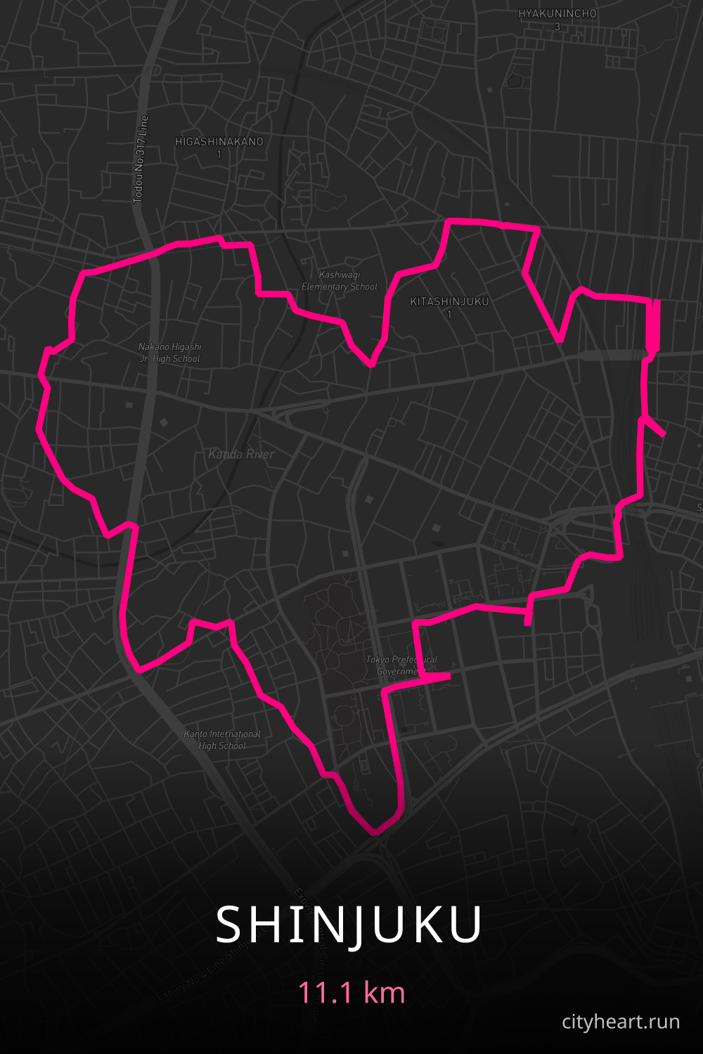 Heart-shaped running route in Shinjuku, 11.1 km — GPS art for Strava