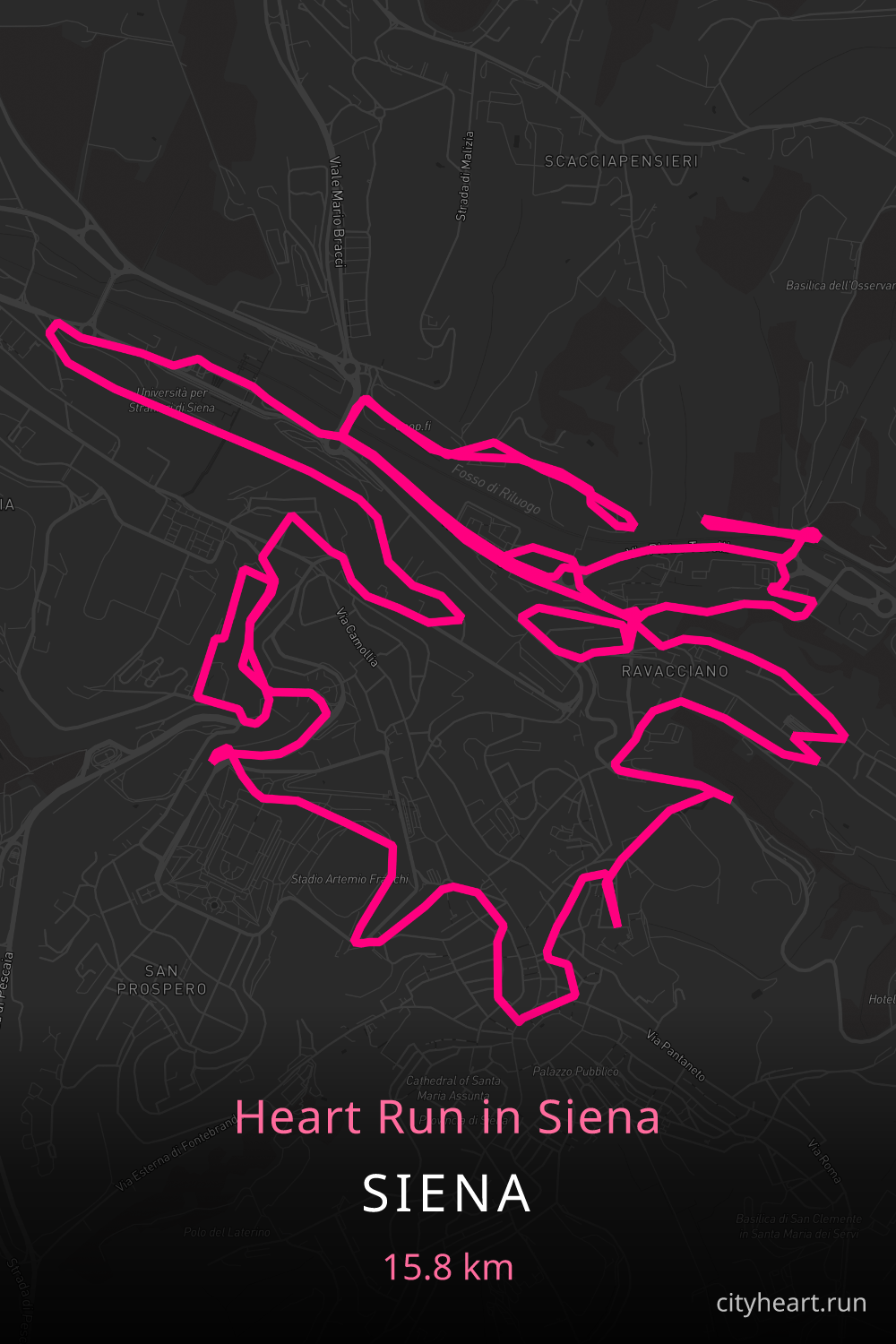Heart-shaped running route in Siena, 16.6 km — GPS art for Strava