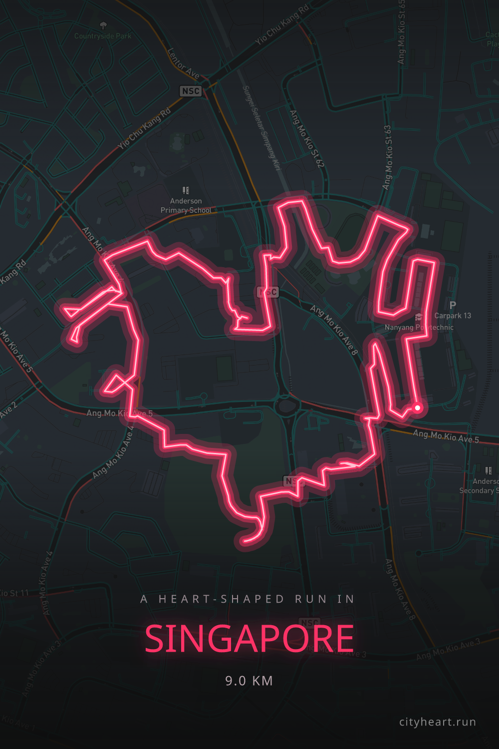 Heart-shaped running route in Singapore, 9.9 km — GPS art for Strava