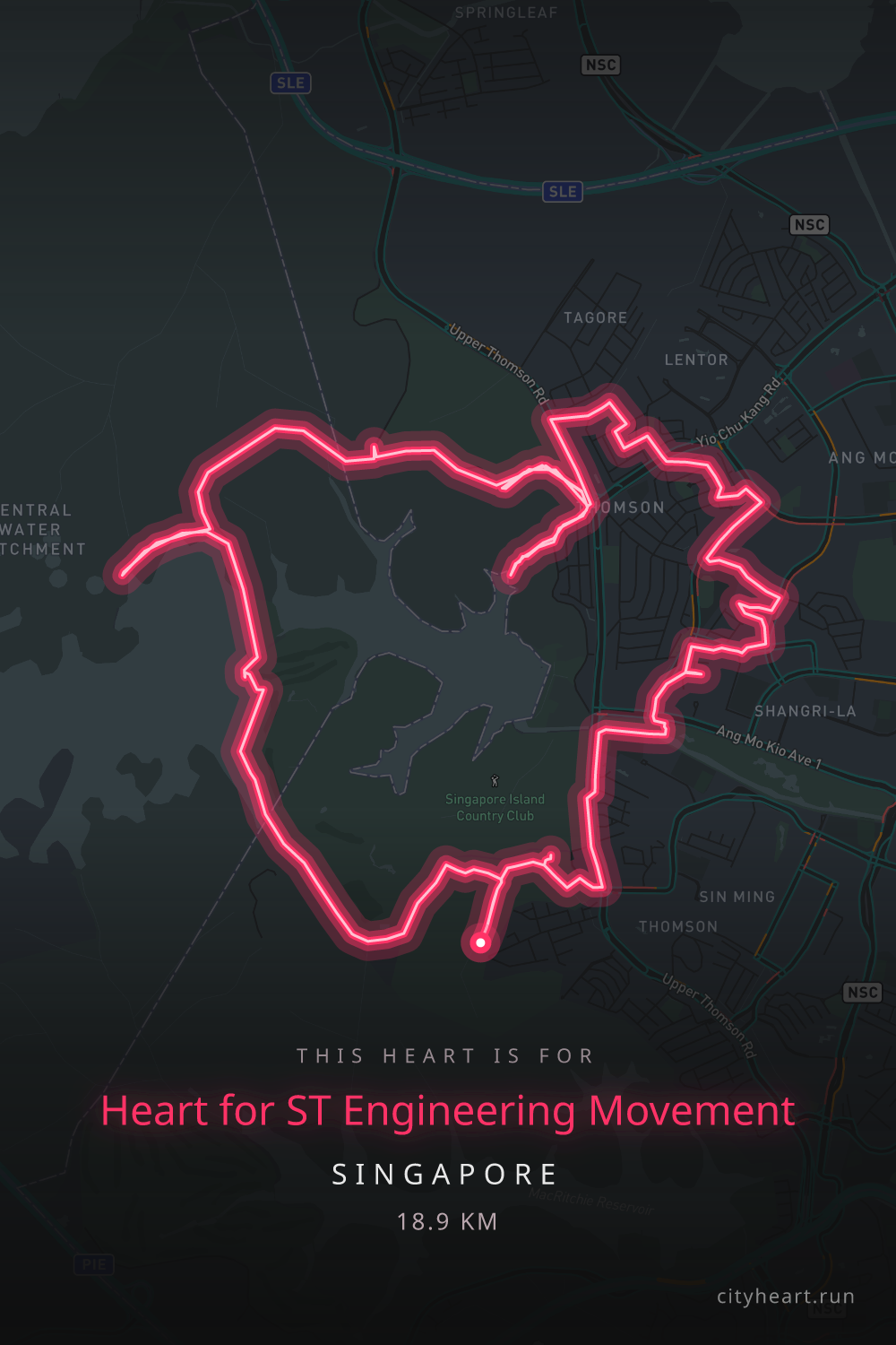 Heart-shaped running route in Singapore, 18.9 km — GPS art for Strava