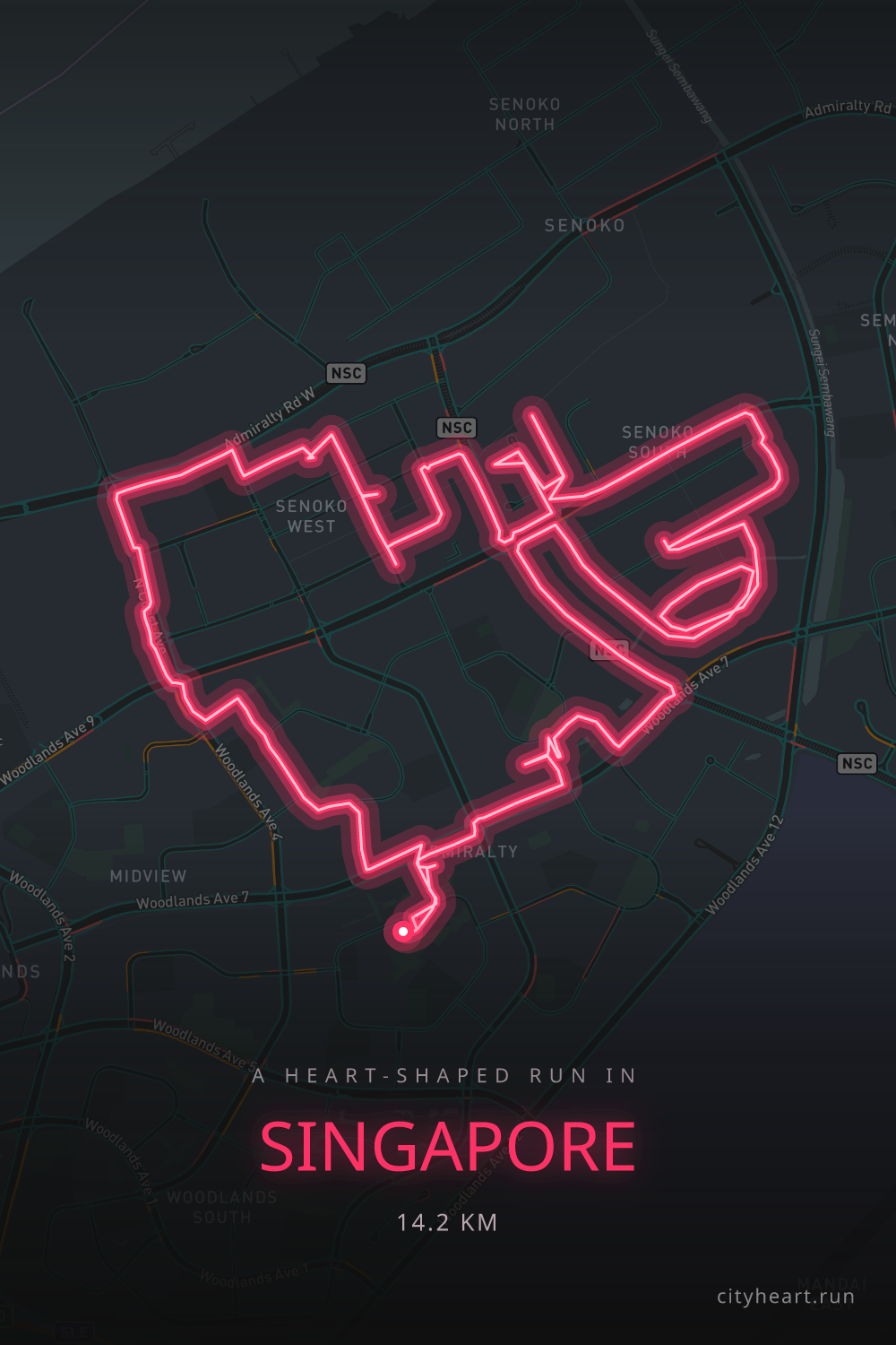 Heart-shaped running route in Singapore, 16.5 km — GPS art for Strava
