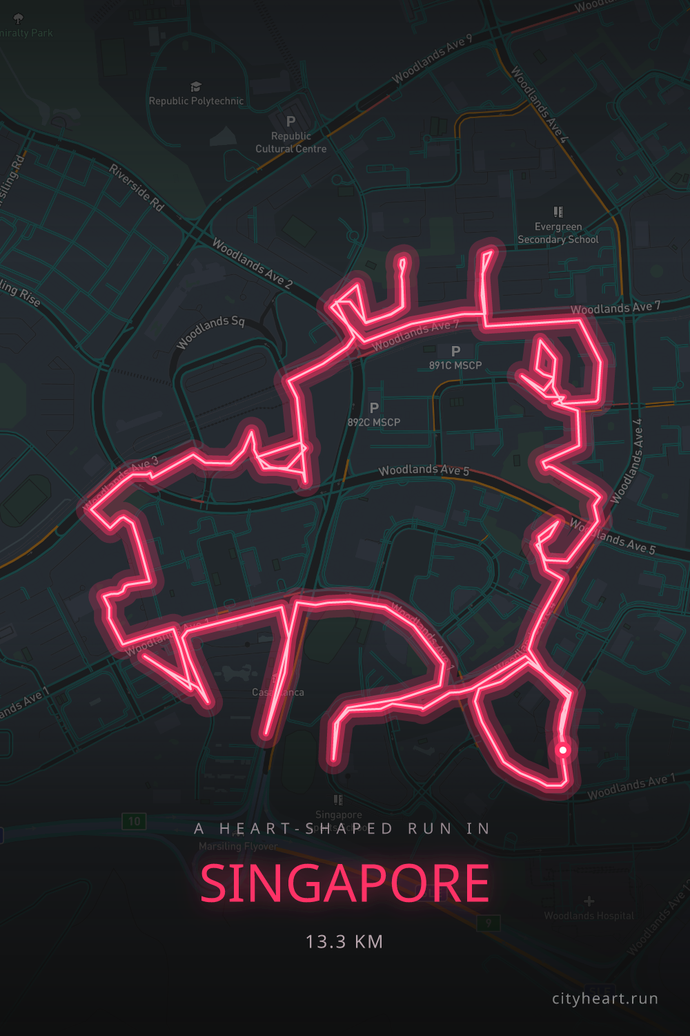 Heart-shaped running route in Singapore, 13.3 km — GPS art for Strava