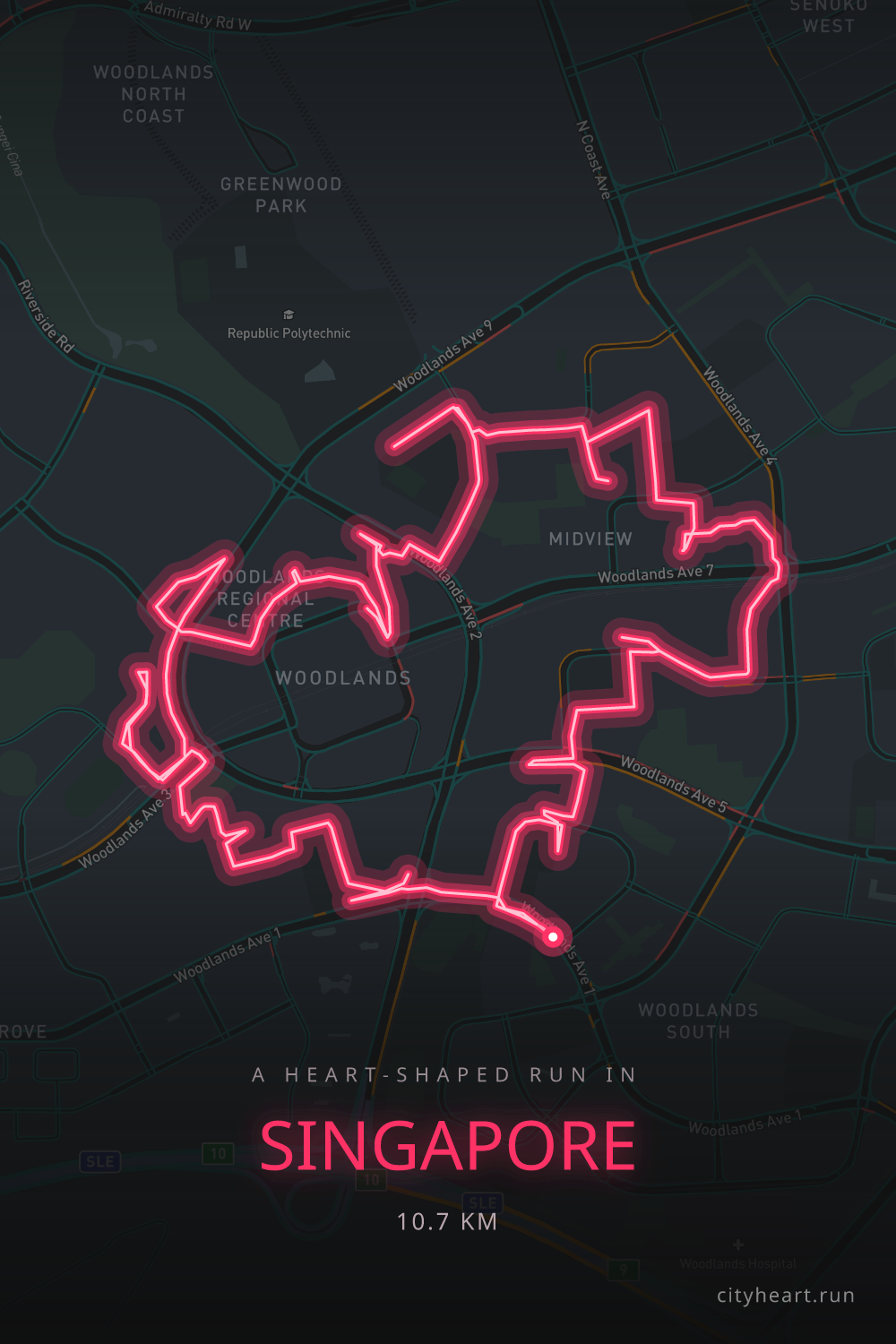 Heart-shaped running route in Singapore, 10.7 km — GPS art for Strava