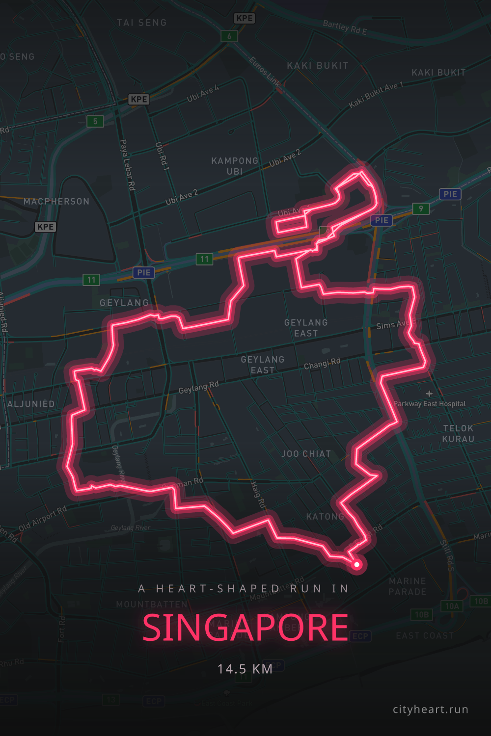 Heart-shaped running route in Singapore, 14.5 km — GPS art for Strava