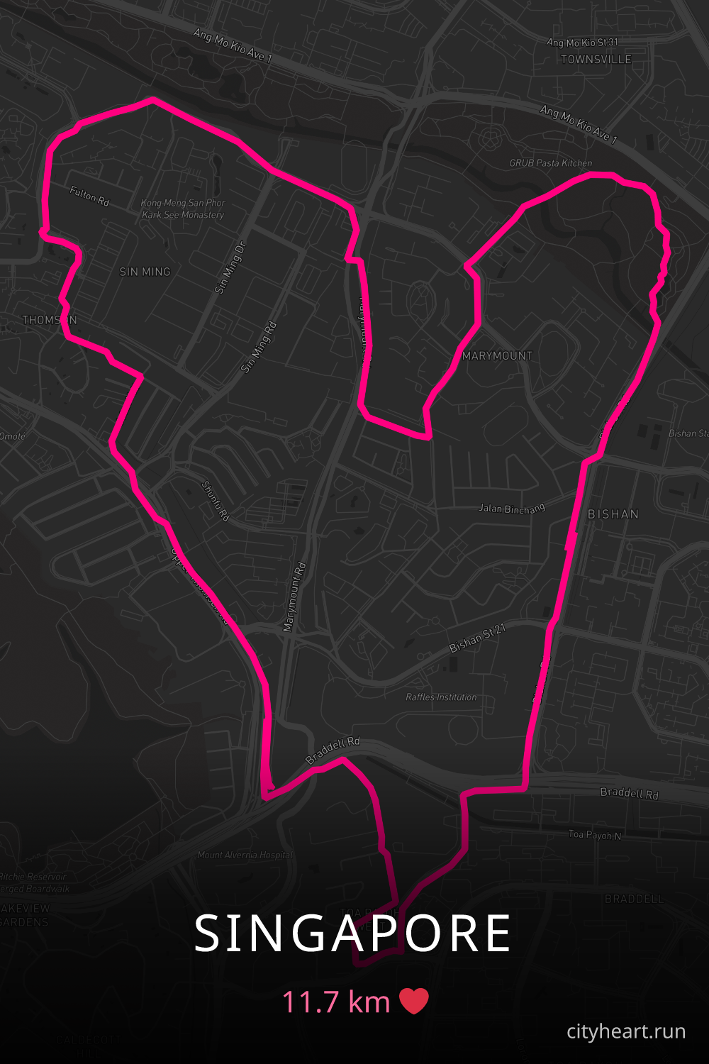 Heart-shaped running route in Singapore, 11.7 km — GPS art for Strava