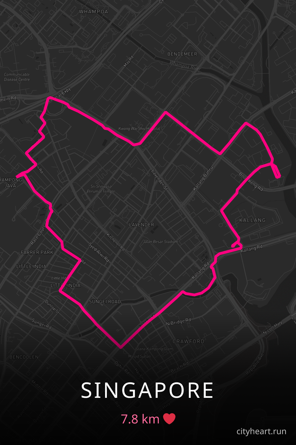 Heart-shaped running route in Singapore, 7.8 km — GPS art for Strava