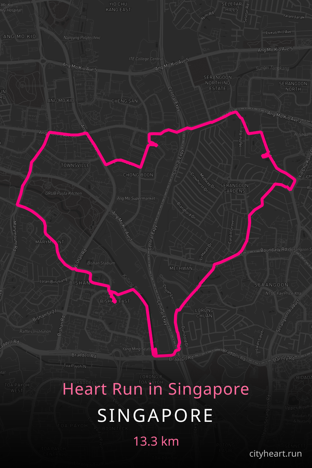 Heart-shaped running route in Singapore, 13.3 km — GPS art for Strava