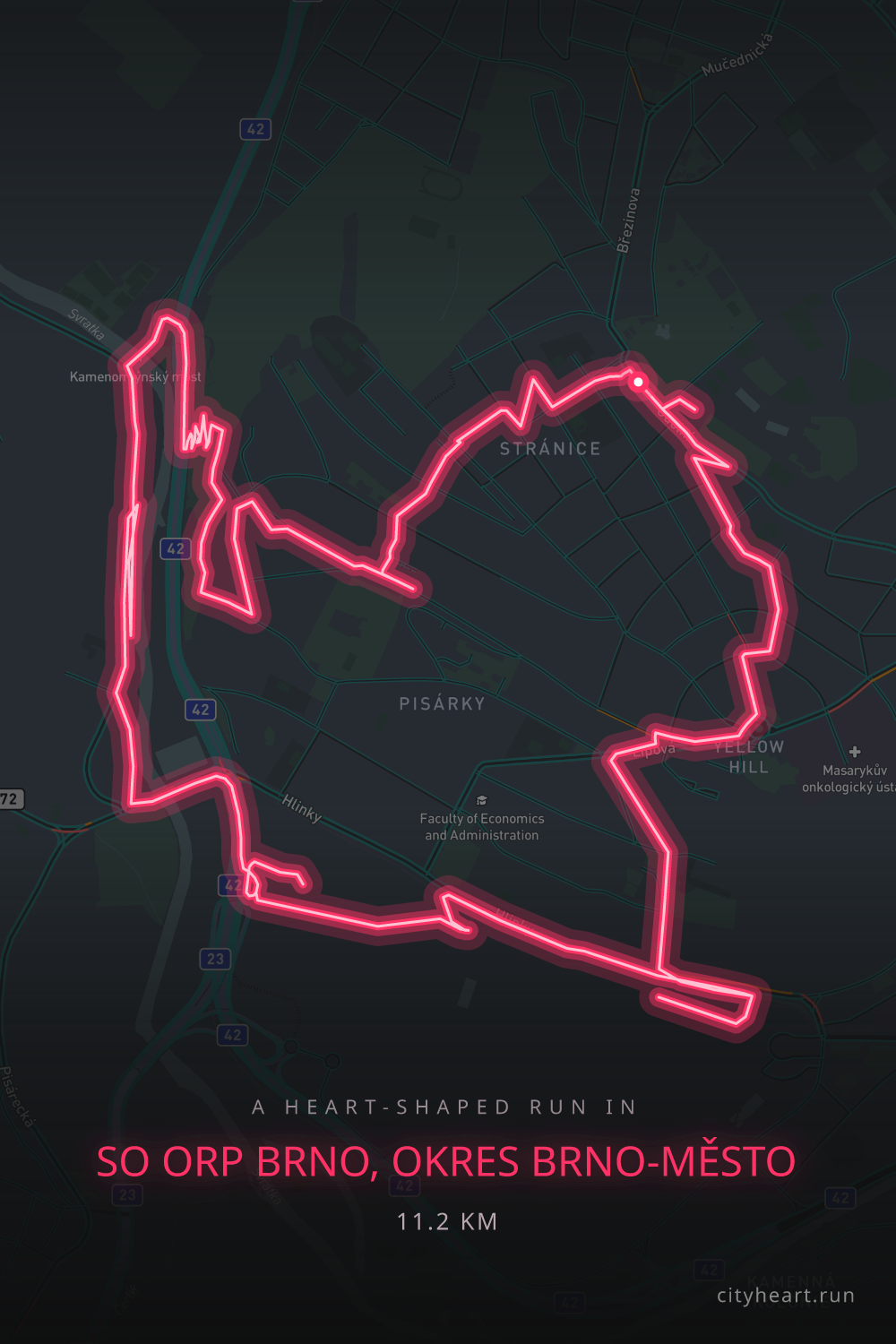 Heart-shaped running route in SO ORP Brno, okres Brno-město, 11.2 km — GPS art for Strava
