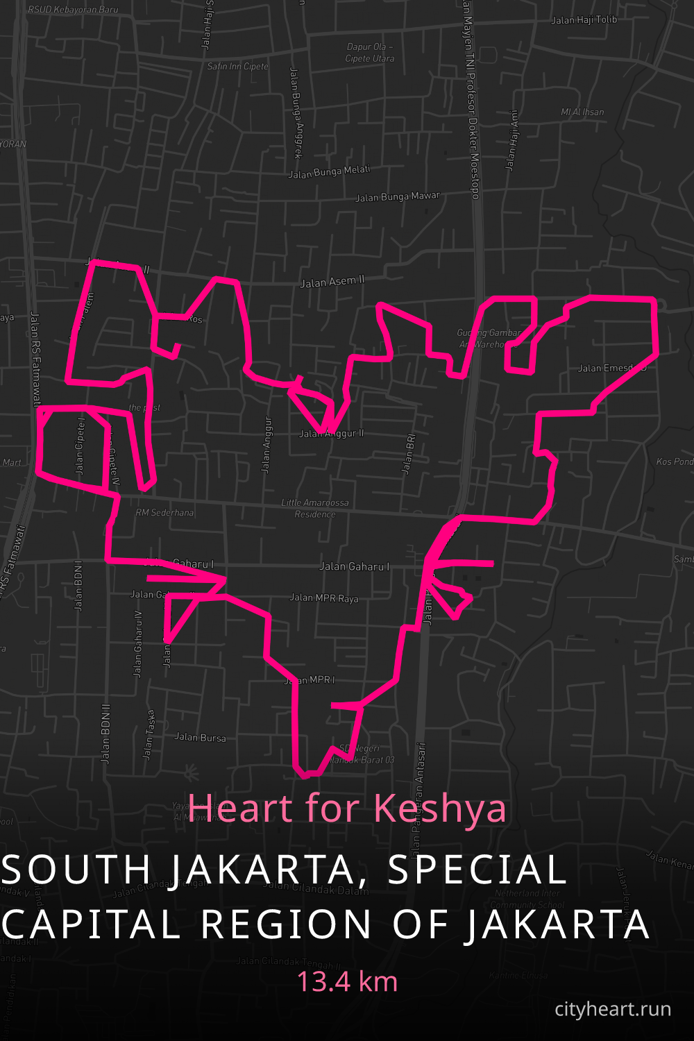 Heart-shaped running route in South Jakarta, Special Capital Region of Jakarta, 13.4 km — GPS art for Strava