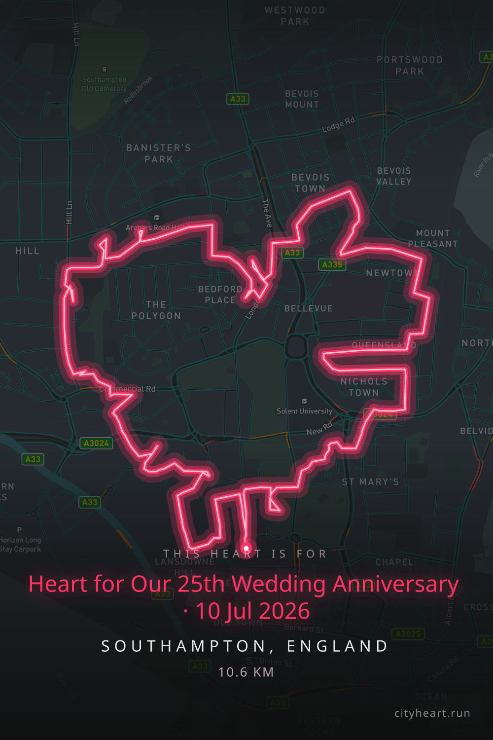 Heart-shaped running route in Southampton, England, 10.6 km — GPS art for Strava
