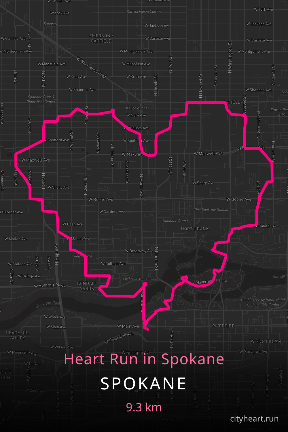 Heart-shaped running route in Spokane, 10.1 km — GPS art for Strava