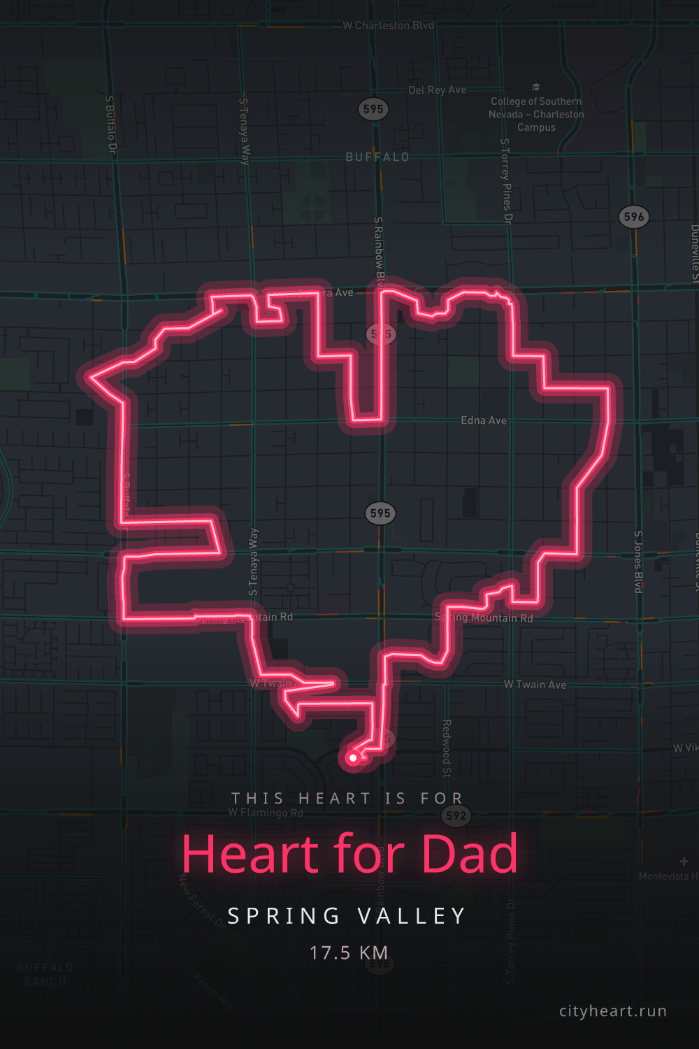 Heart-shaped running route in Spring Valley, 17.5 km — GPS art for Strava