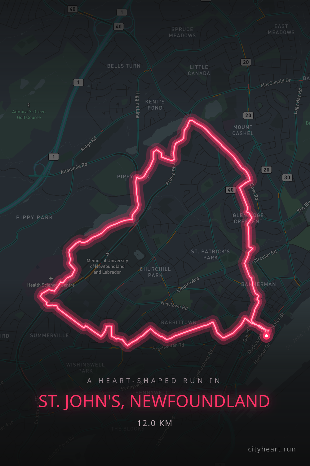 Heart-shaped running route in St. John's, Newfoundland, 13.4 km — GPS art for Strava