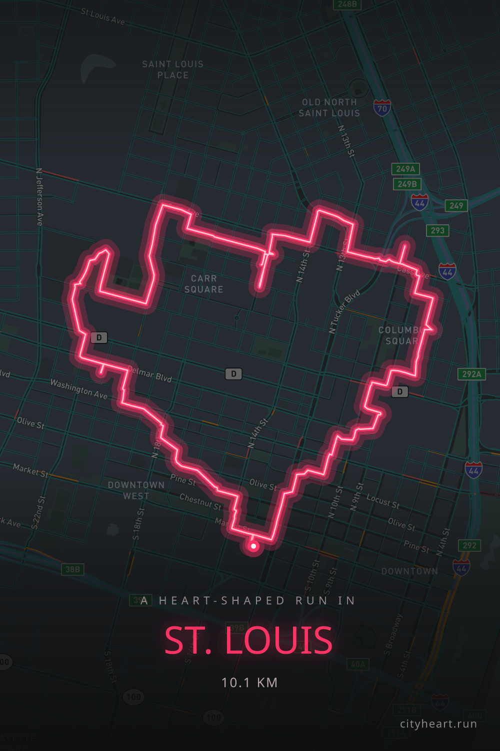 Heart-shaped running route in St. Louis, 10.1 km — GPS art for Strava