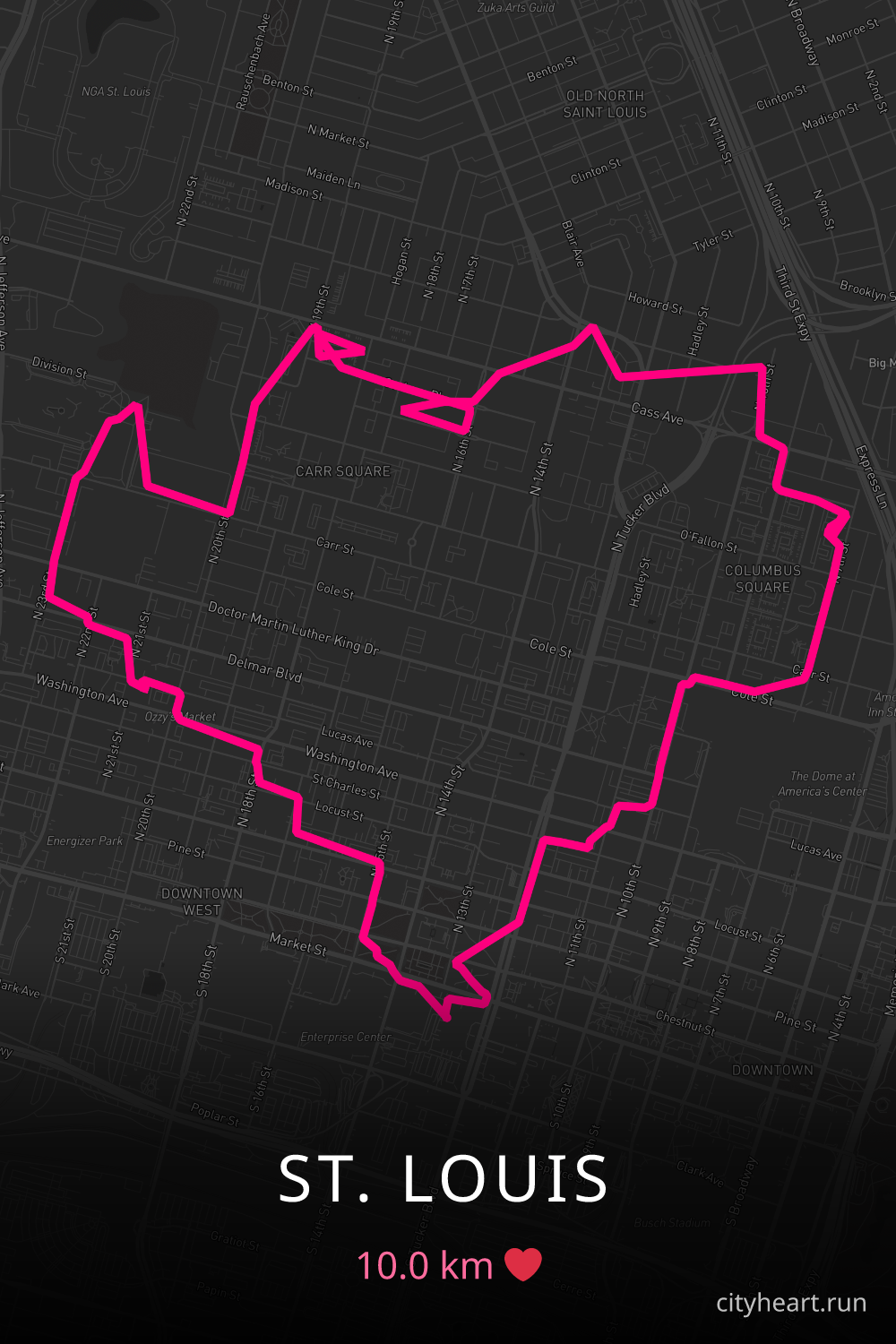Heart-shaped running route in St. Louis, 10.0 km — GPS art for Strava