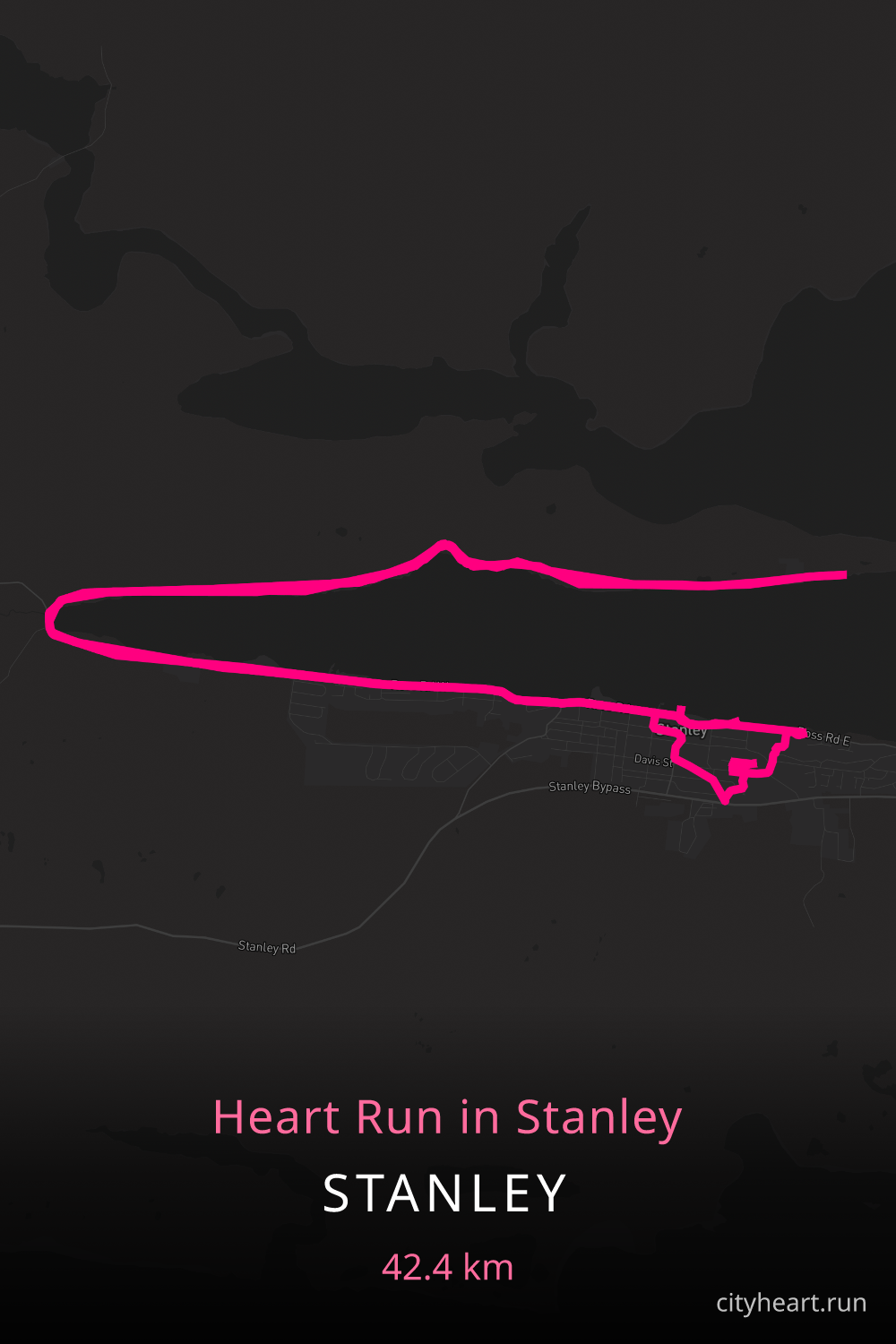Heart-shaped running route in Stanley, 47.1 km — GPS art for Strava