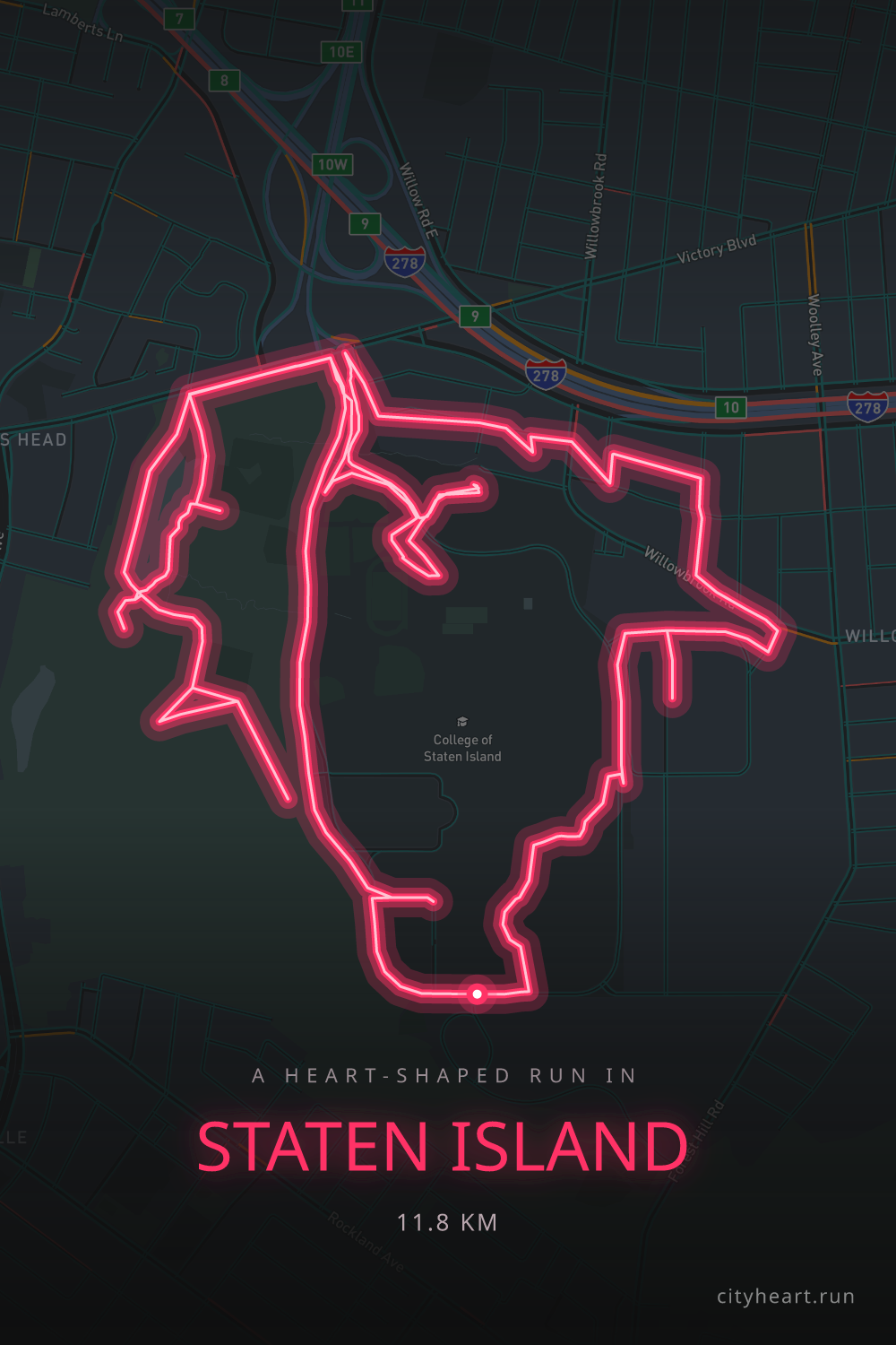 Heart-shaped running route in Staten Island, 11.8 km — GPS art for Strava