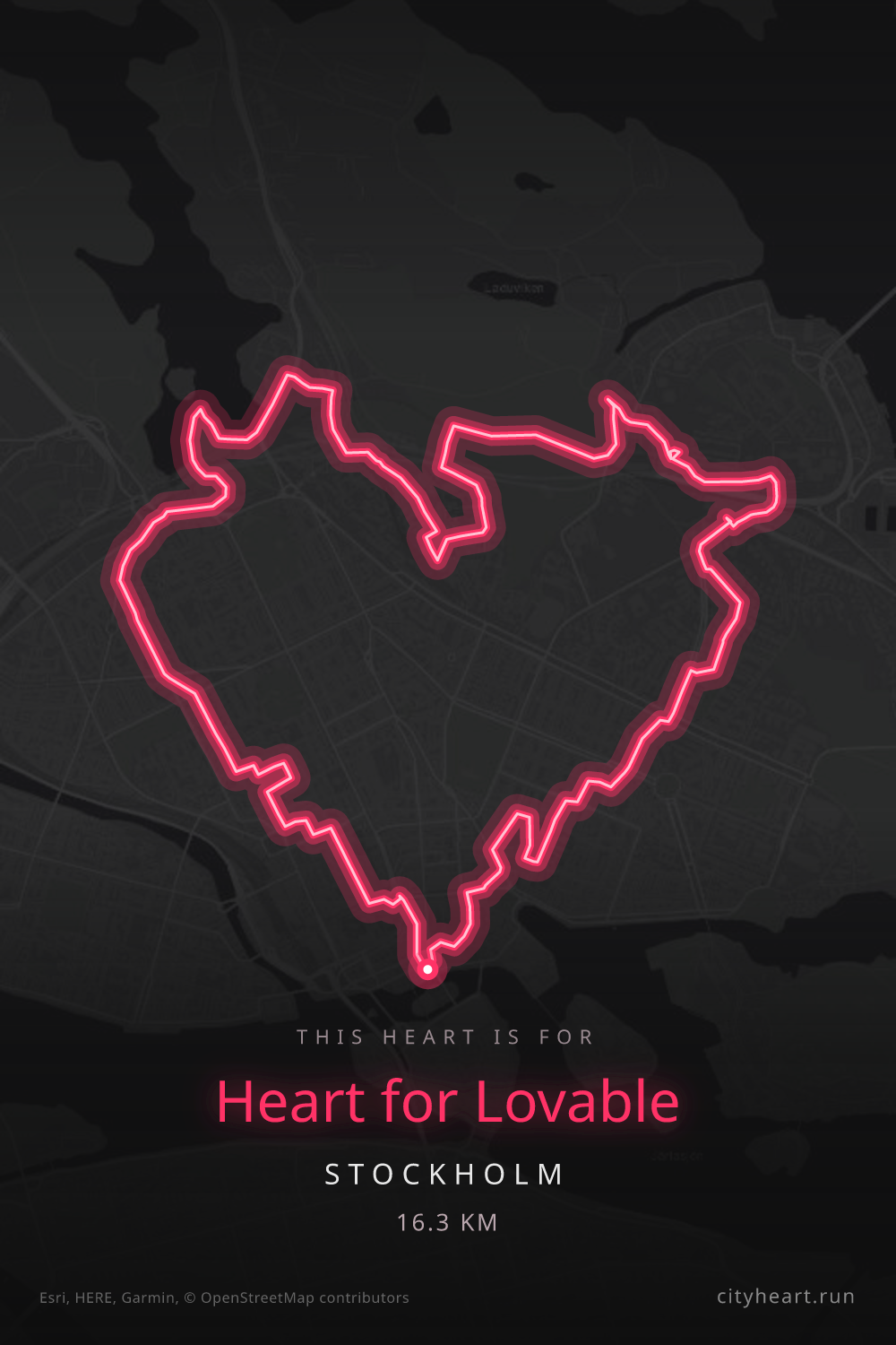 Heart-shaped running route in Stockholm, 16.3 km — GPS art for Strava