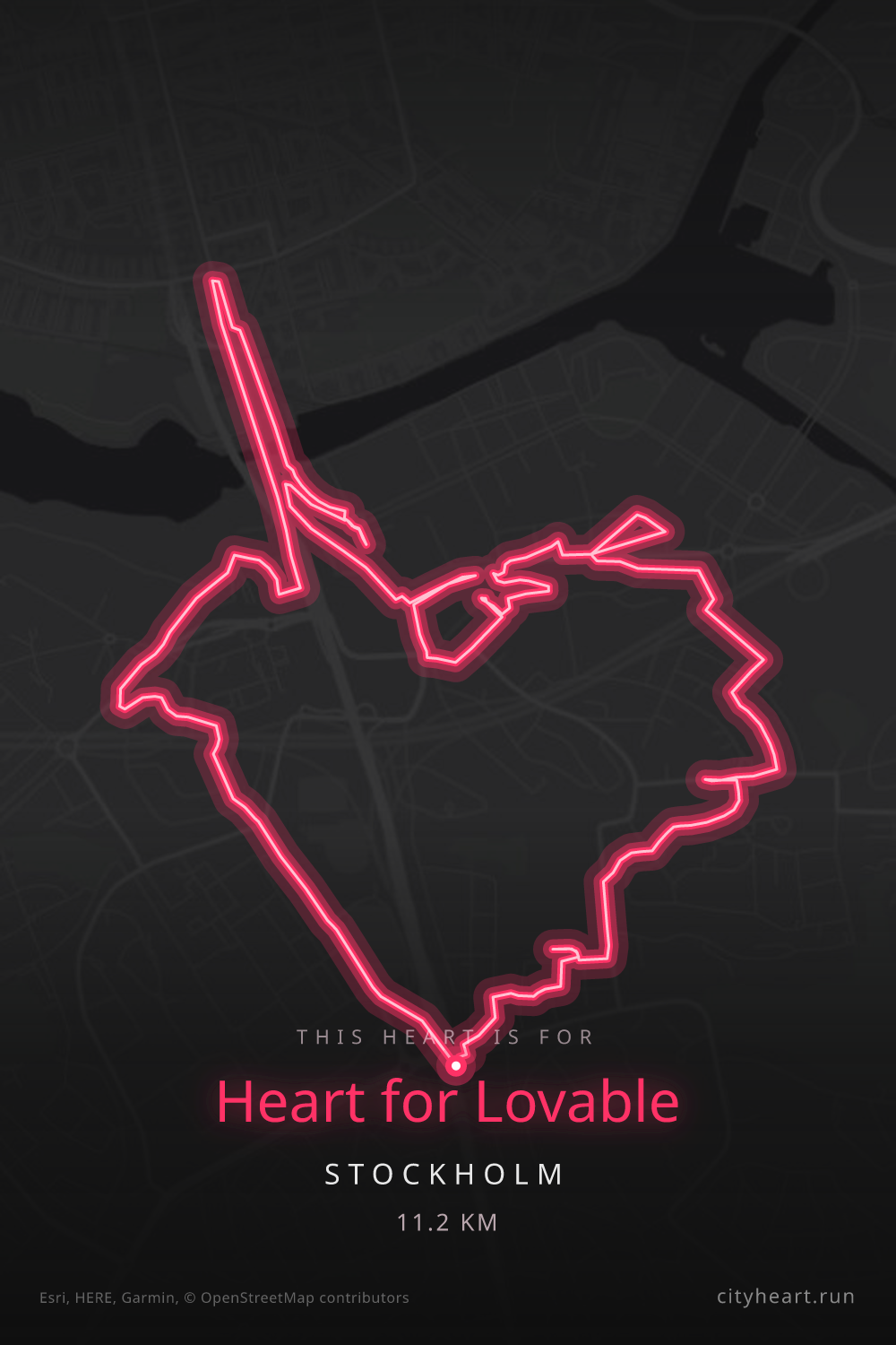 Heart-shaped running route in Stockholm, 11.2 km — GPS art for Strava