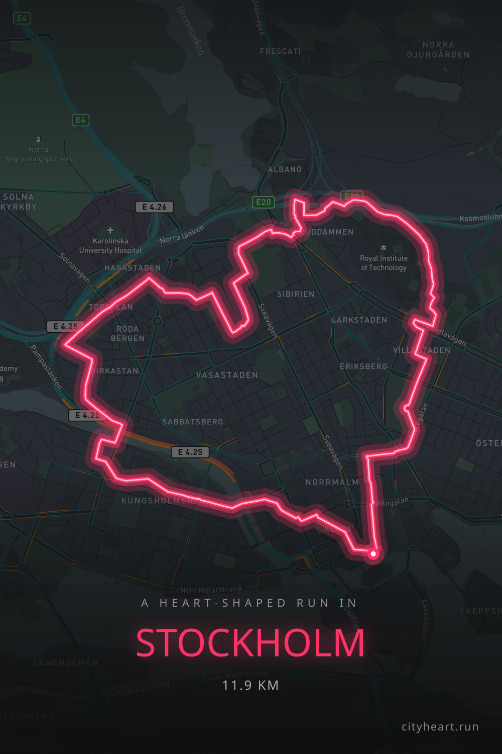 Heart-shaped running route in Stockholm, 11.9 km — GPS art for Strava