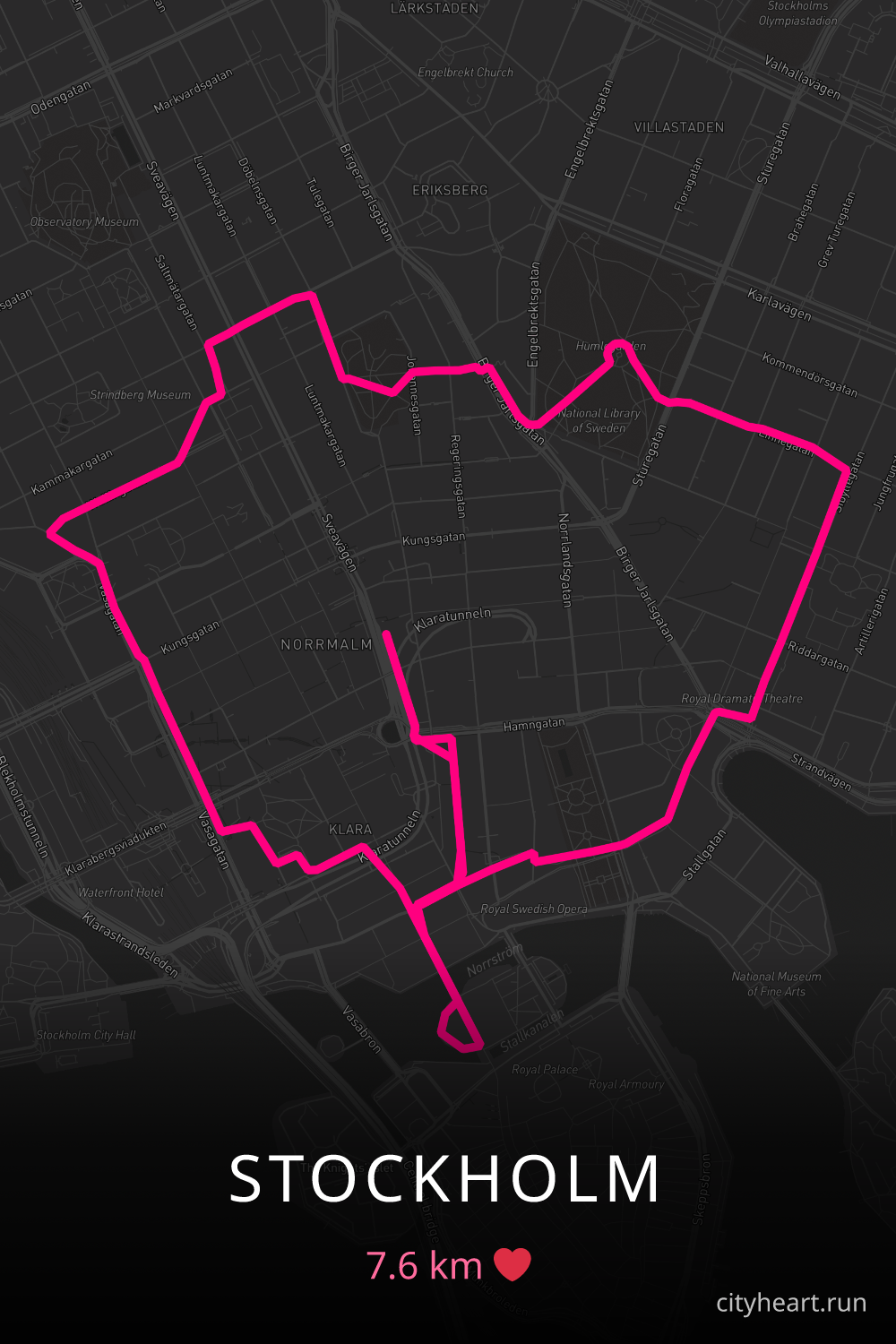 Heart-shaped running route in Stockholm, 7.6 km — GPS art for Strava