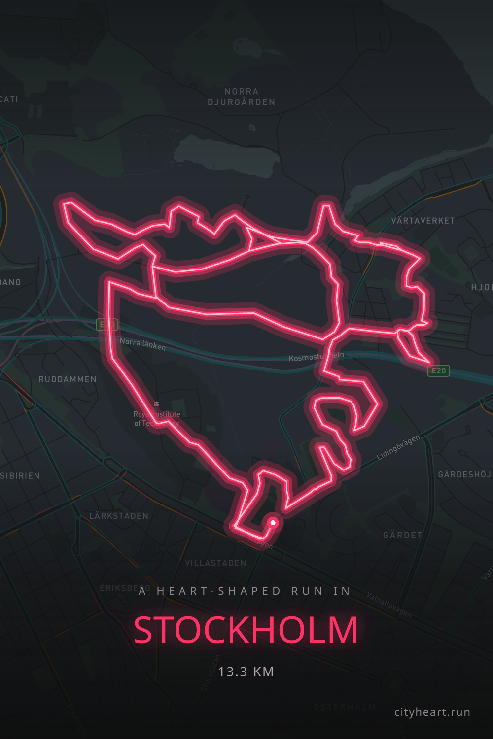 Heart-shaped running route in Stockholm, 13.3 km — GPS art for Strava