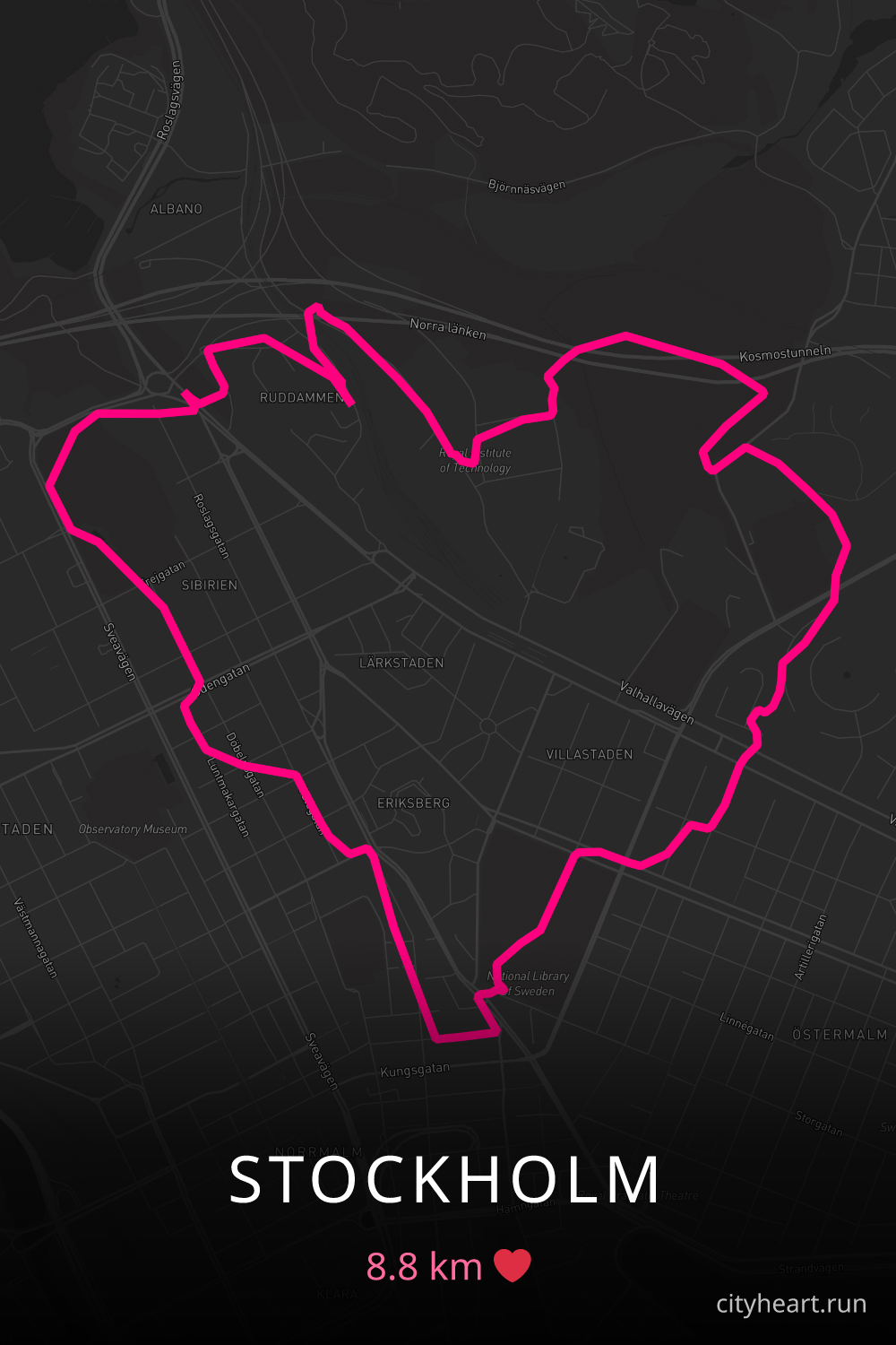 Heart-shaped running route in Stockholm, 8.8 km — GPS art for Strava