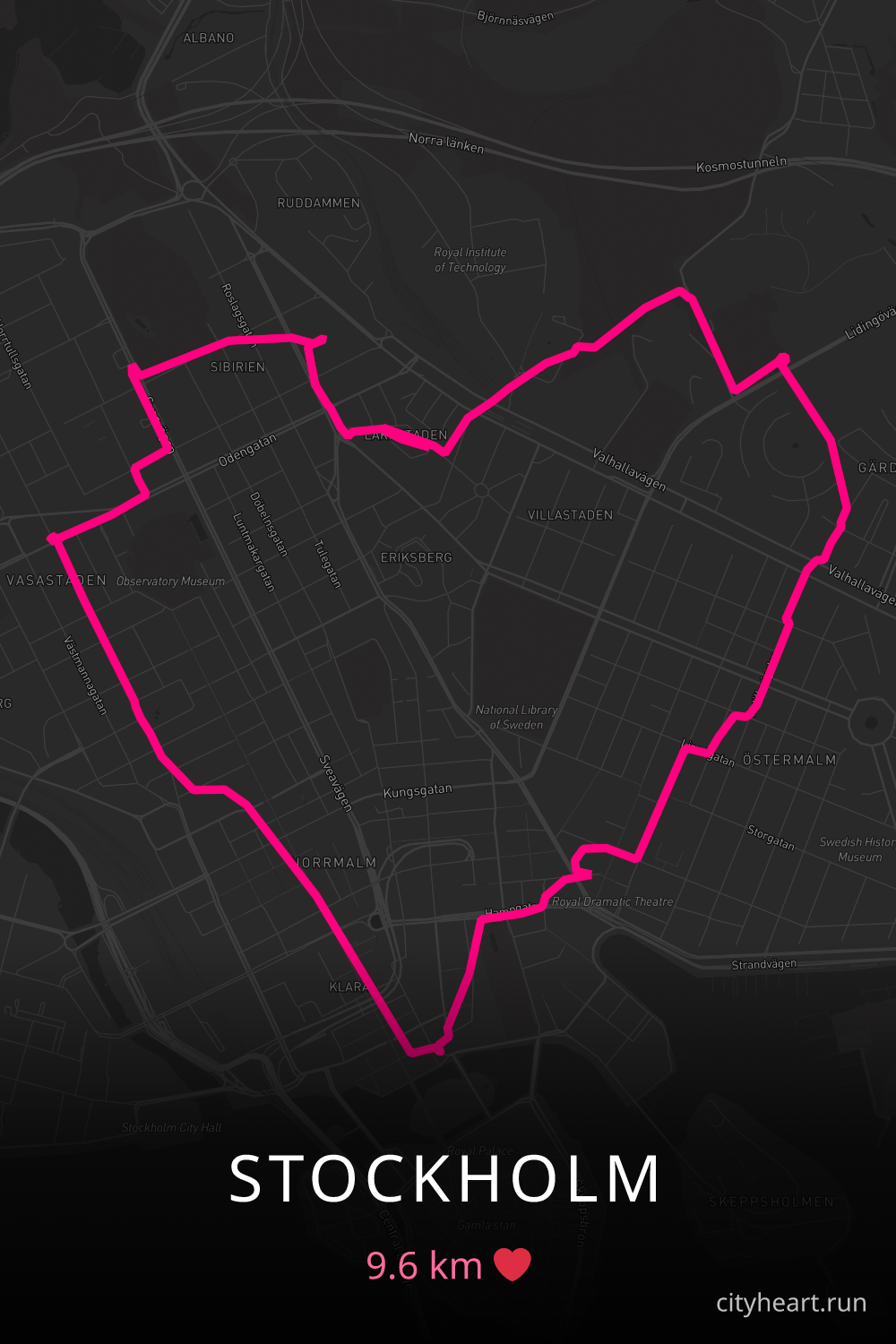 Heart-shaped running route in Stockholm, 9.6 km — GPS art for Strava