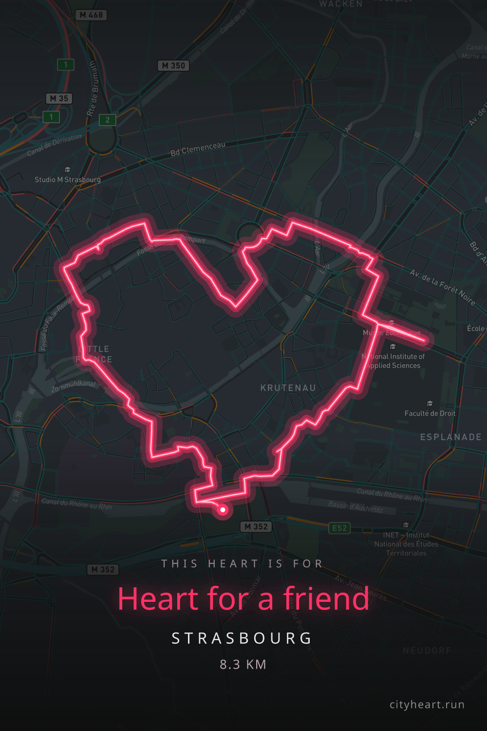 Heart-shaped running route in Strasbourg, 9.0 km — GPS art for Strava
