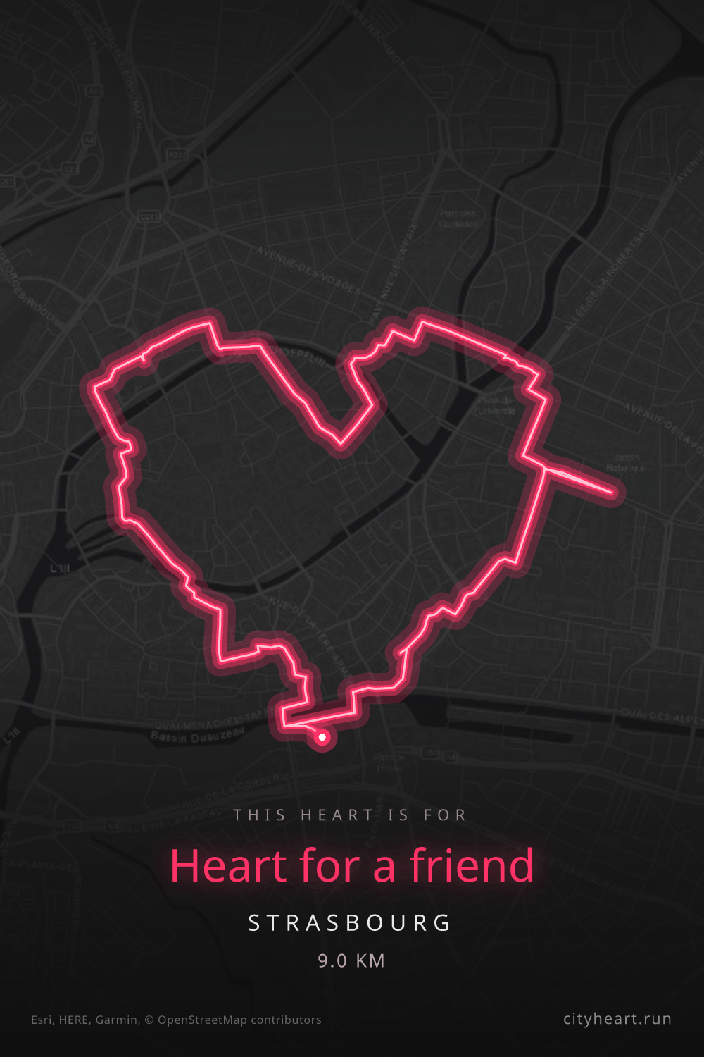 Heart-shaped running route in Strasbourg, 9.0 km — GPS art for Strava