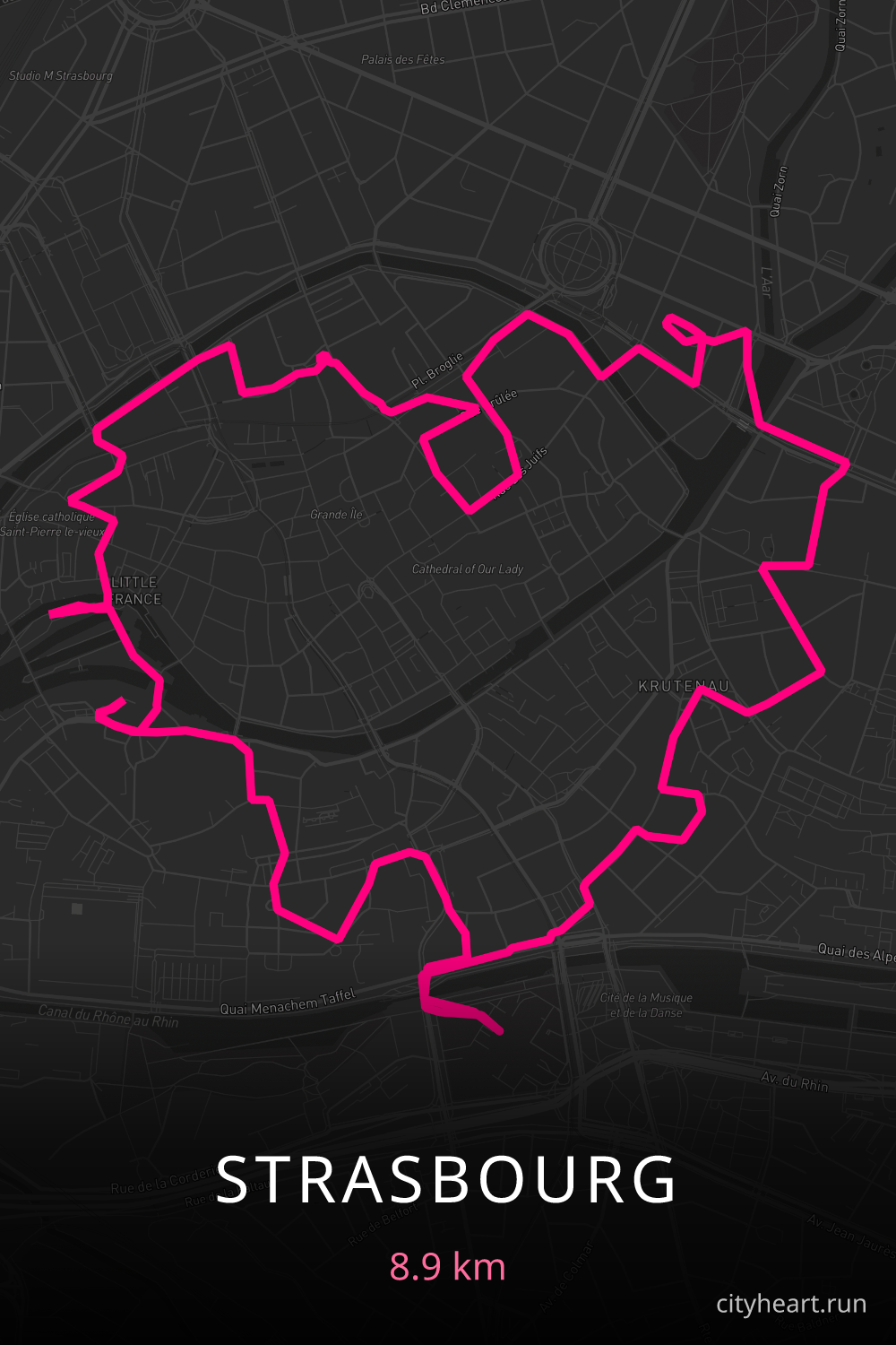 Heart-shaped running route in Strasbourg, 8.9 km — GPS art for Strava