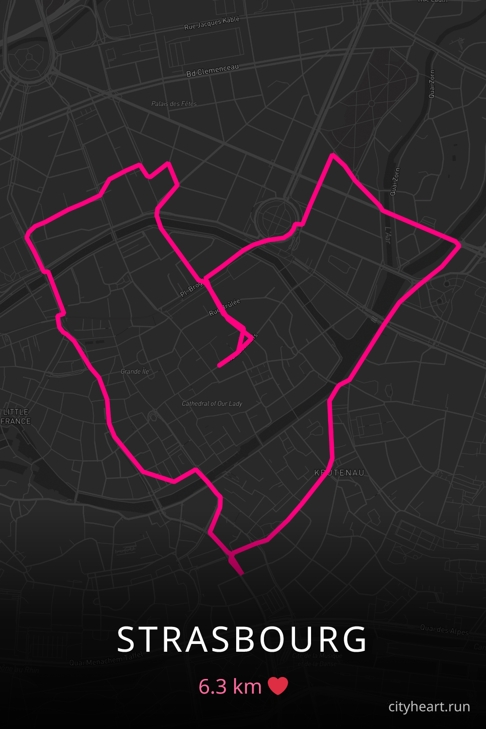 Heart-shaped running route in Strasbourg, 6.3 km — GPS art for Strava
