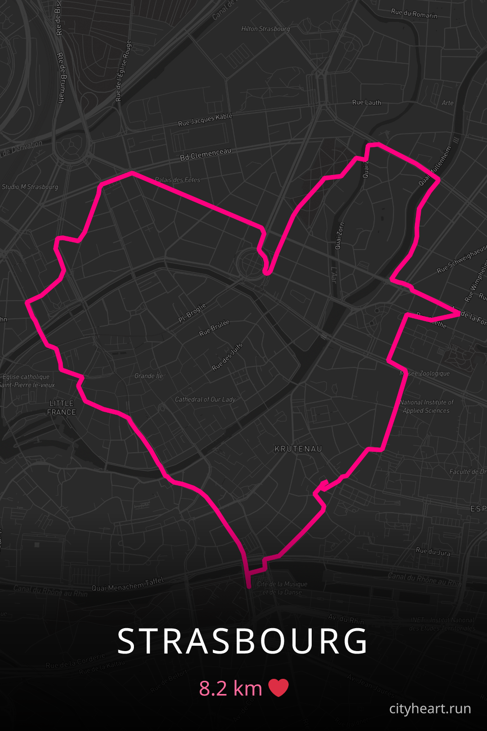 Heart-shaped running route in Strasbourg, 8.2 km — GPS art for Strava