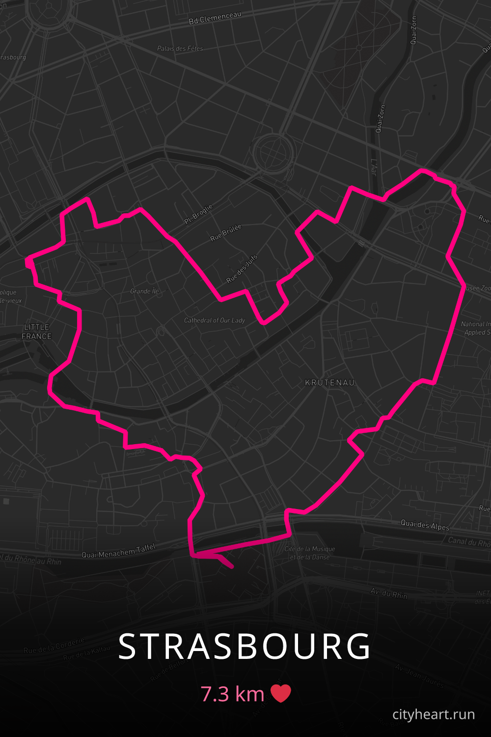 Heart-shaped running route in Strasbourg, 7.3 km — GPS art for Strava