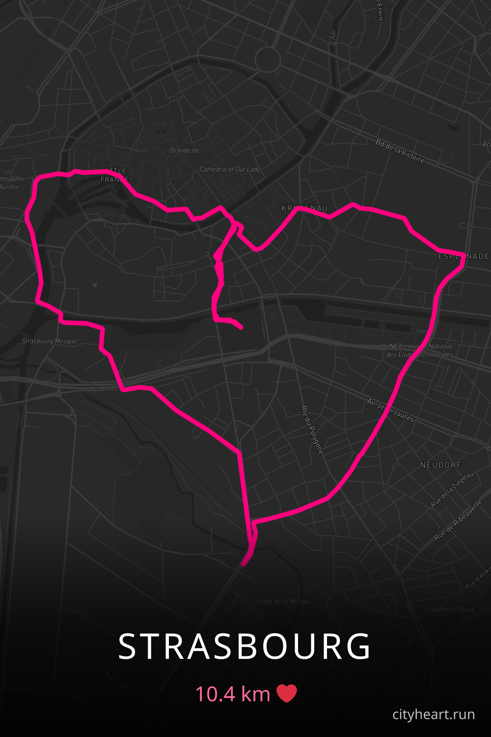 Heart-shaped running route in Strasbourg, 10.4 km — GPS art for Strava