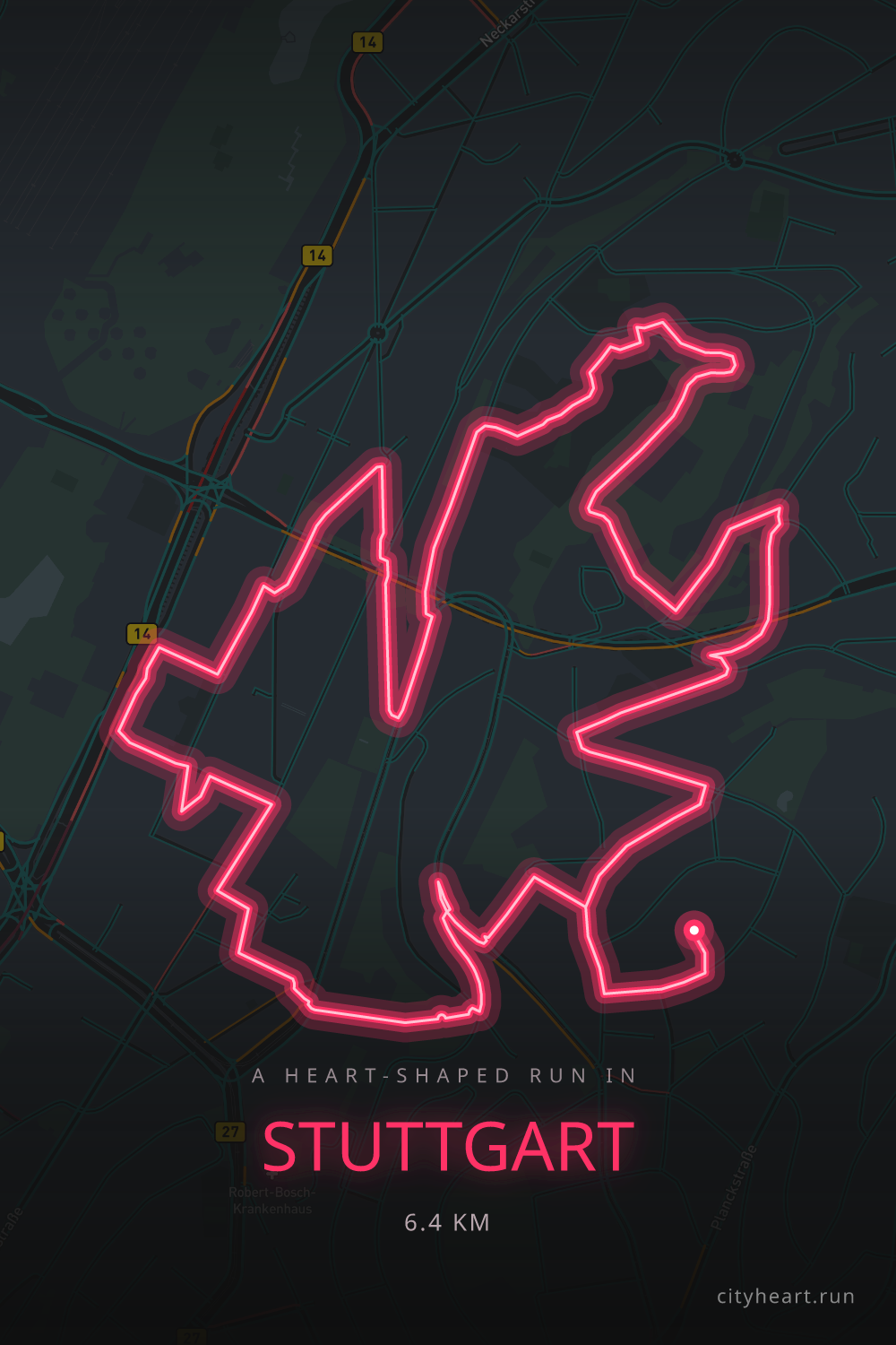 Heart-shaped running route in Stuttgart, 6.4 km — GPS art for Strava