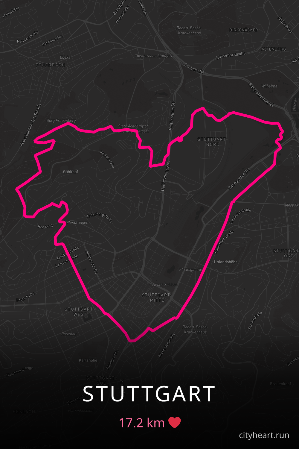 Heart-shaped running route in Stuttgart, 17.2 km — GPS art for Strava