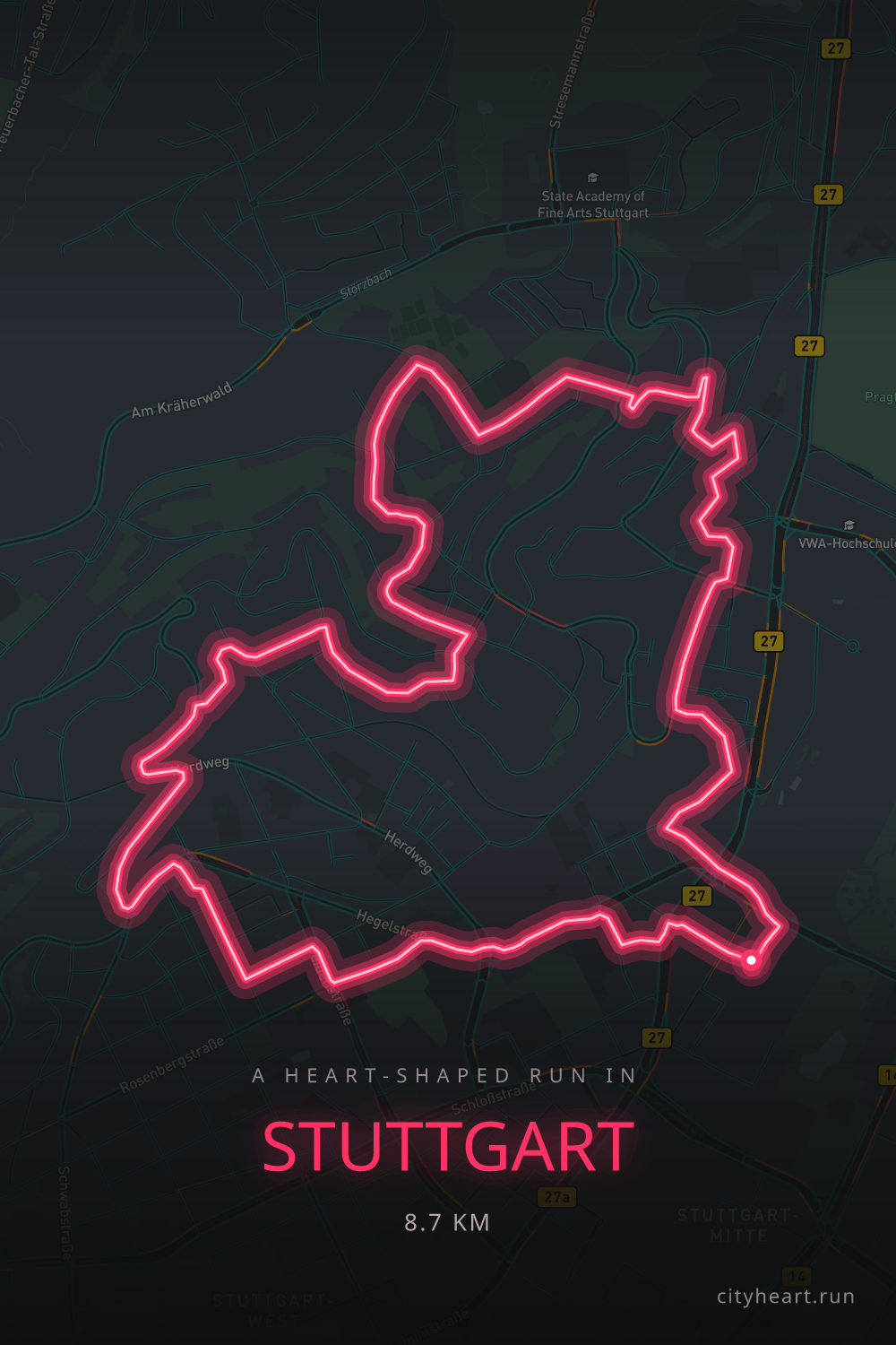 Heart-shaped running route in Stuttgart, 8.7 km — GPS art for Strava