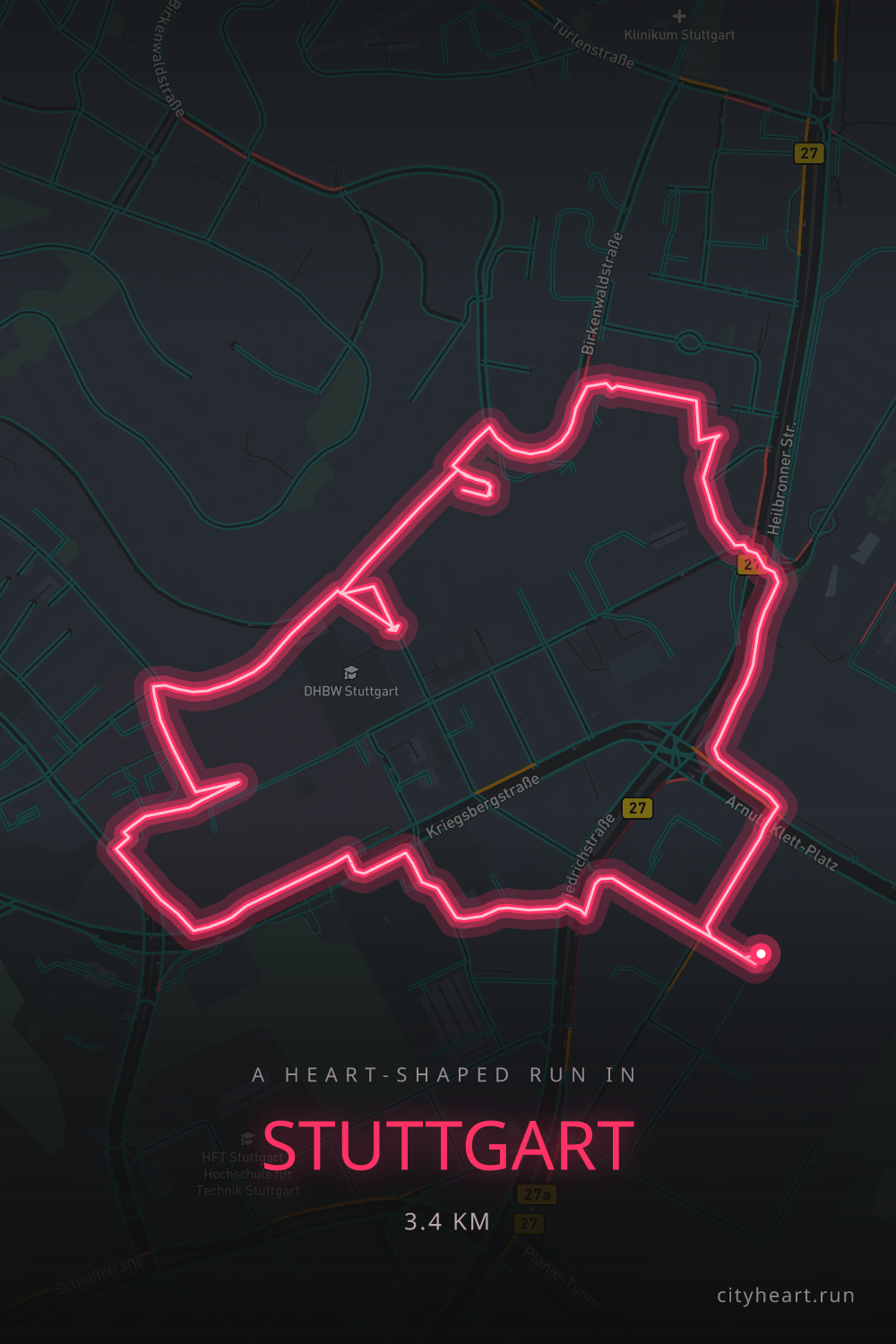 Heart-shaped running route in Stuttgart, 3.4 km — GPS art for Strava