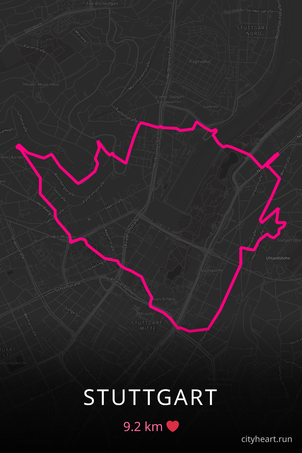 Heart-shaped running route in Stuttgart, 9.2 km — GPS art for Strava