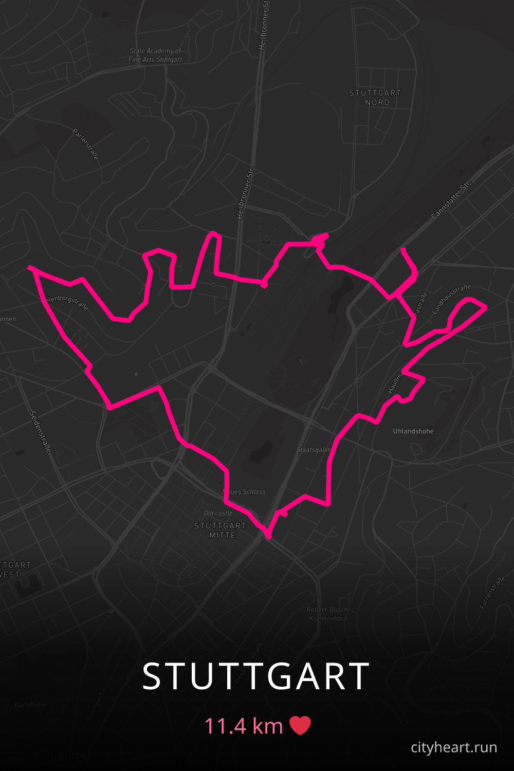 Heart-shaped running route in Stuttgart, 11.4 km — GPS art for Strava