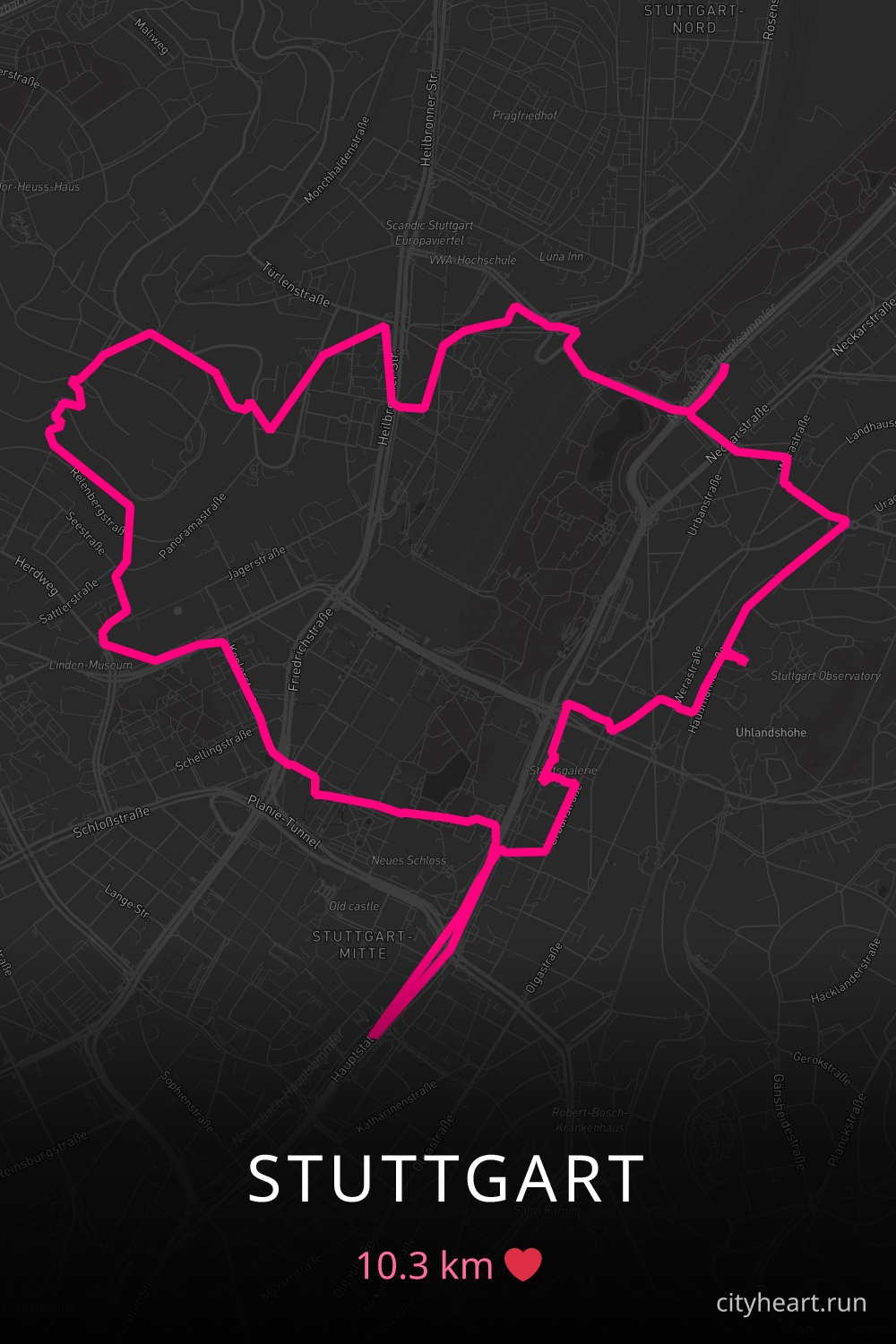 Heart-shaped running route in Stuttgart, 10.3 km — GPS art for Strava