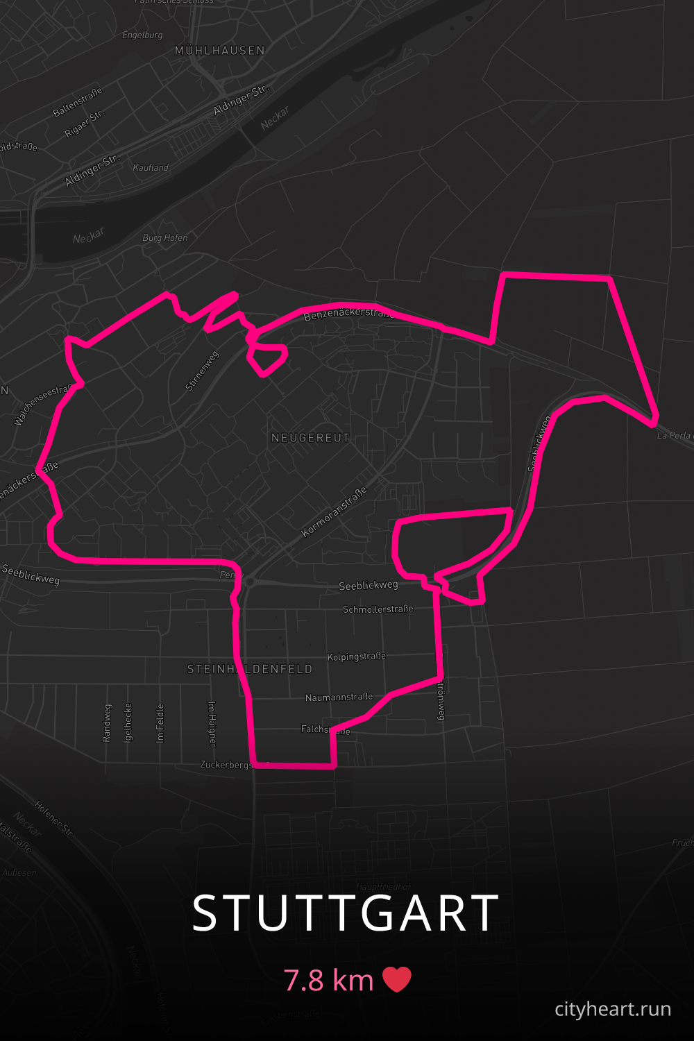 Heart-shaped running route in Stuttgart, 7.8 km — GPS art for Strava