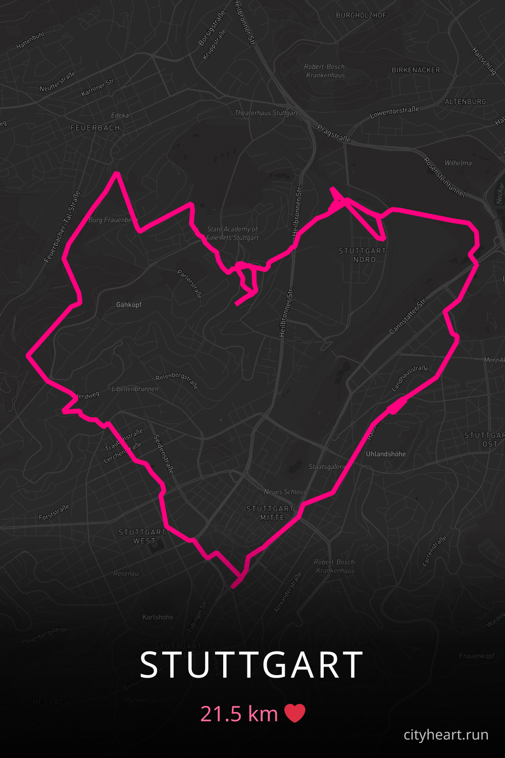 Heart-shaped running route in Stuttgart, 21.5 km — GPS art for Strava