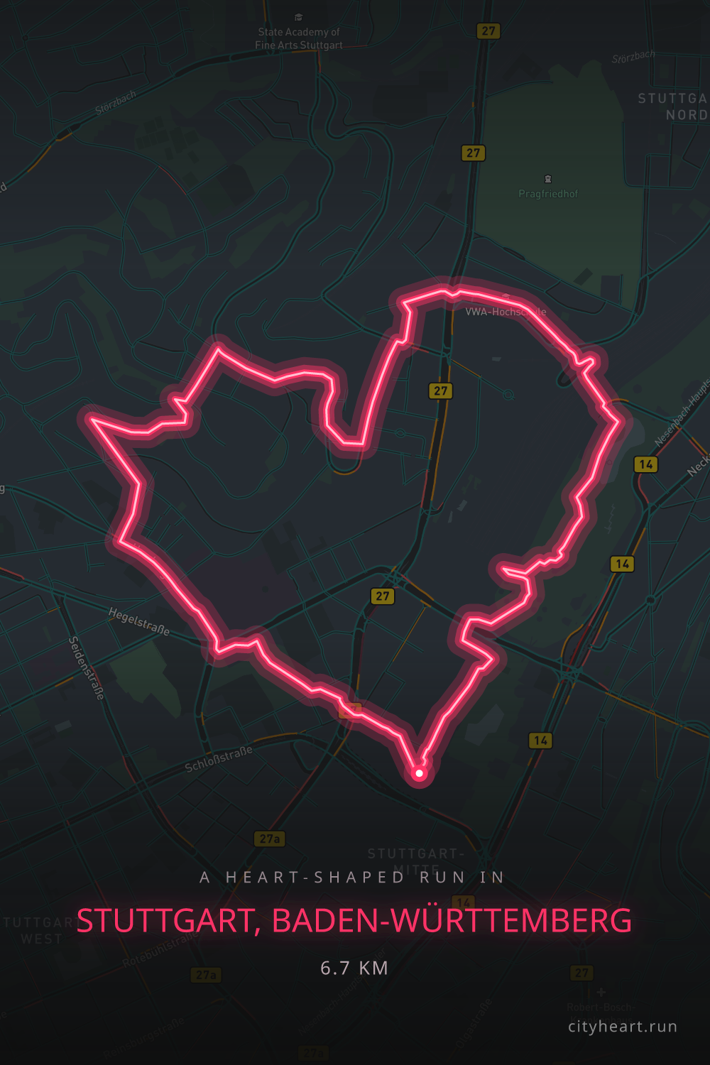 Heart-shaped running route in Stuttgart, Baden-Württemberg, 6.7 km — GPS art for Strava