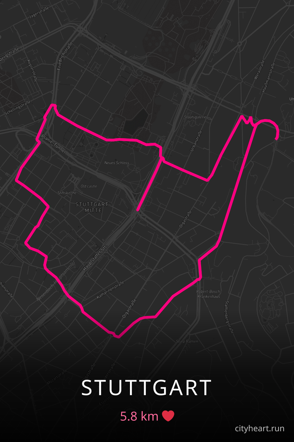 Heart-shaped running route in Stuttgart, 5.8 km — GPS art for Strava