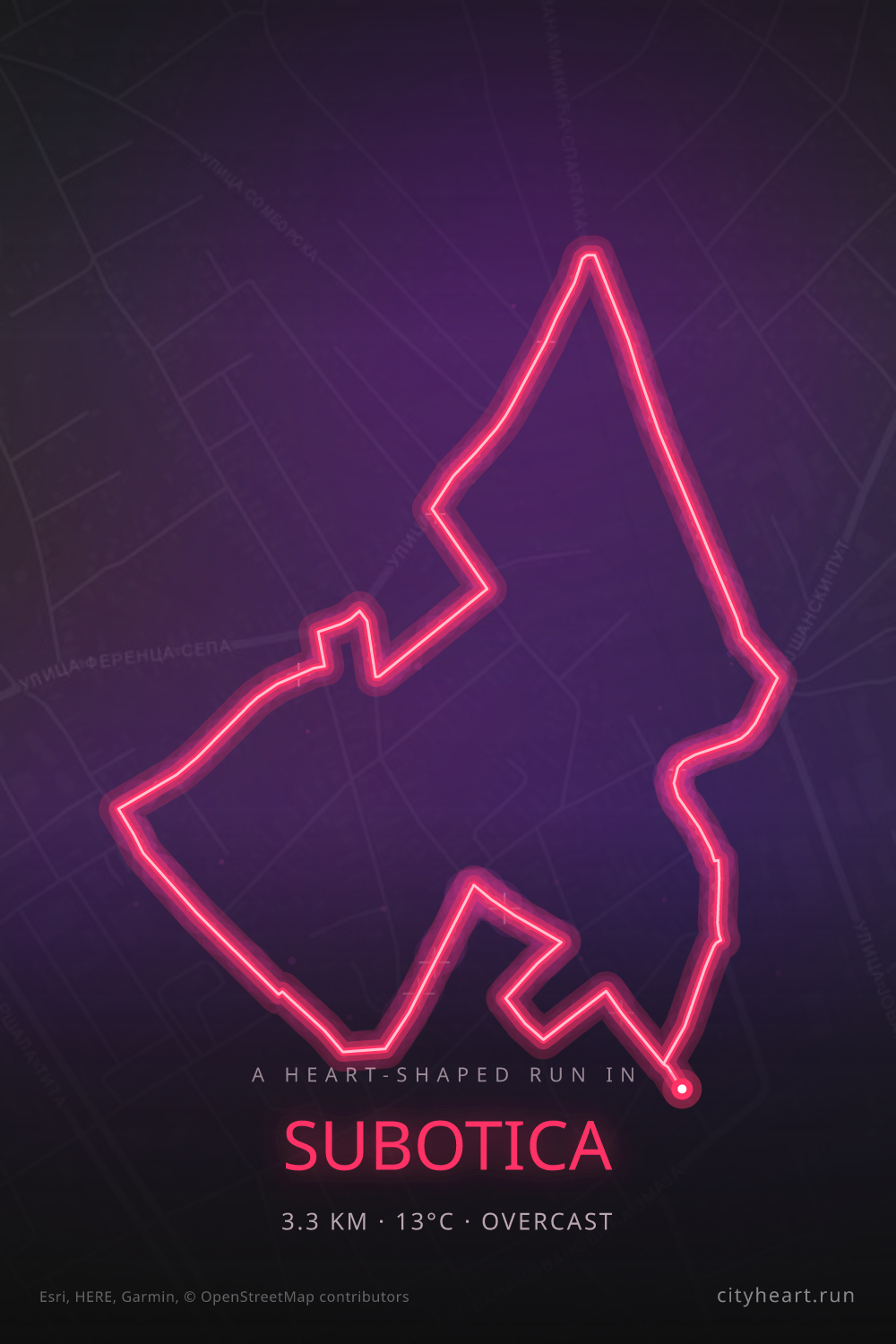 Heart-shaped running route in Subotica, 3.3 km — GPS art for Strava