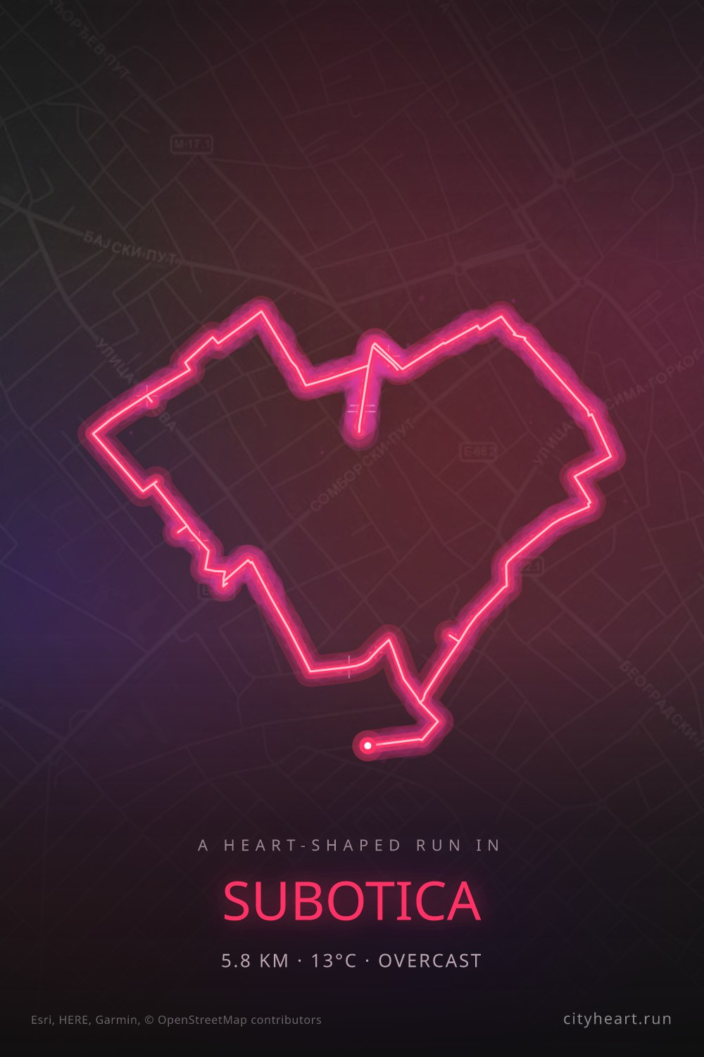 Heart-shaped running route in Subotica, 5.1 km — GPS art for Strava