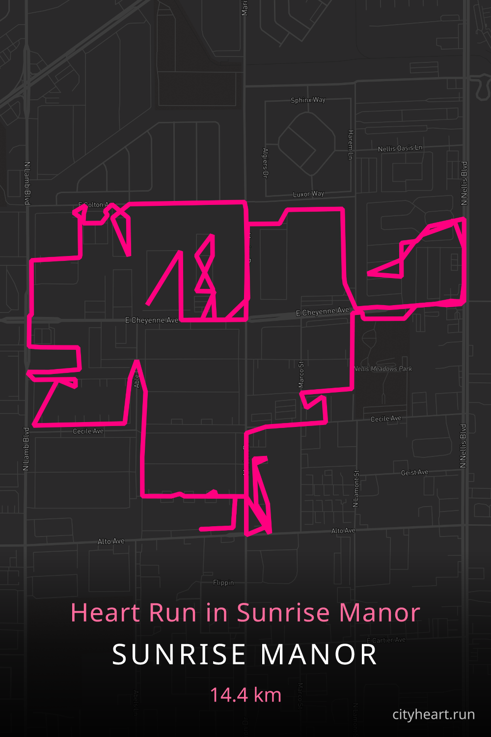 Heart-shaped running route in Sunrise Manor, 14.5 km — GPS art for Strava